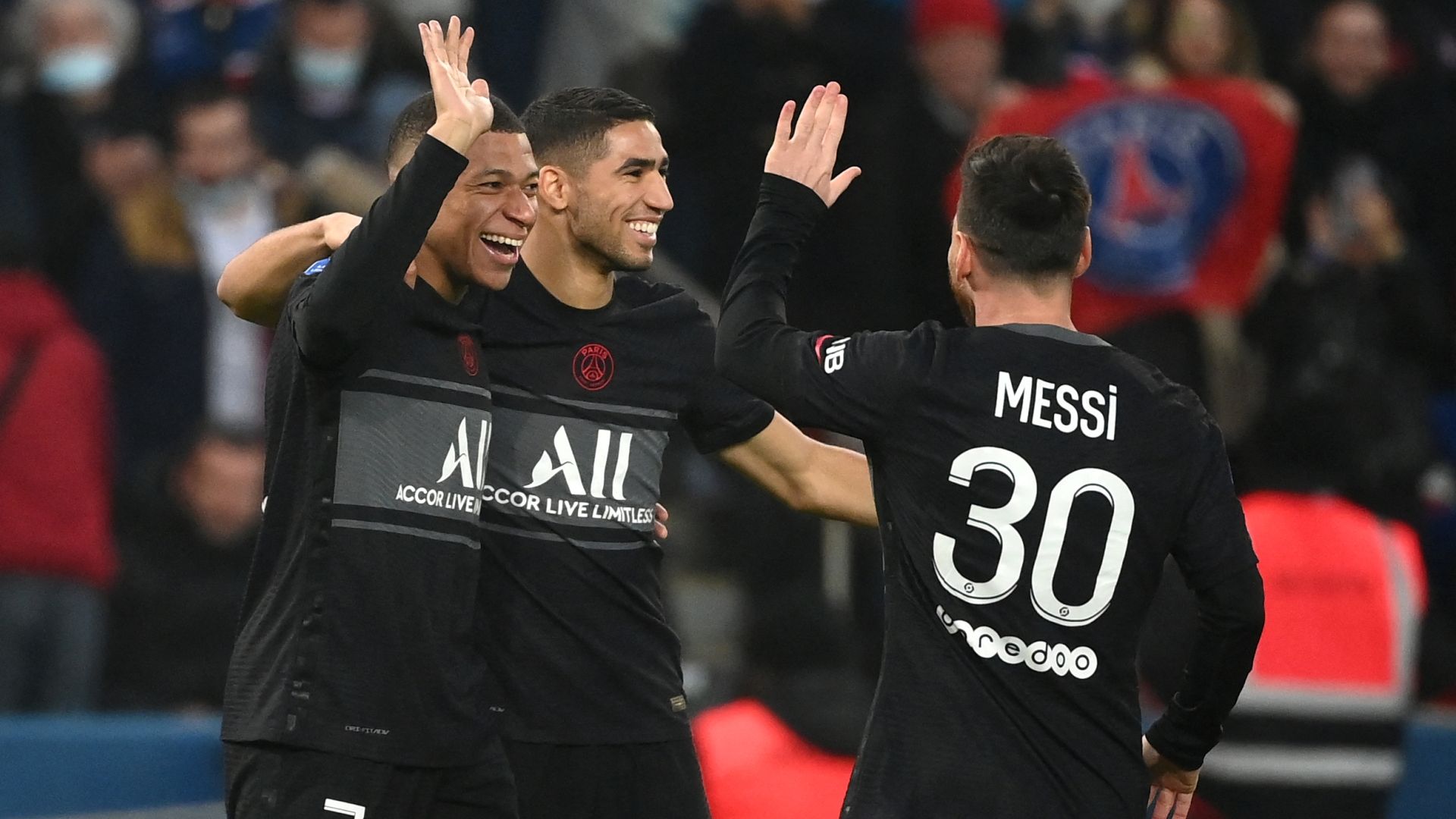Kylian Mbappe, Achraf Hakimi, Lionel Messi PSG