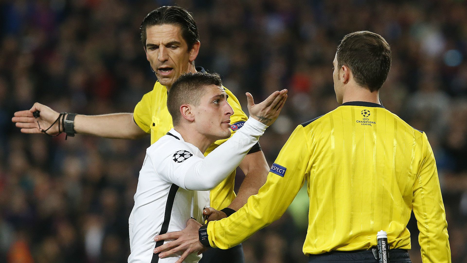 Marco Verratti referee Barcelona PSG UEFA Champions League 08032016