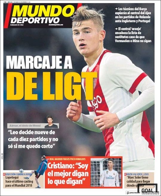 21일(현지시간) 스페인 현지 신문 문도 데포르티보 1면에 등장한 네덜란드 축구 클럽 아약스에서 중앙 수비수로 활약 중인 마타이스 데 리트