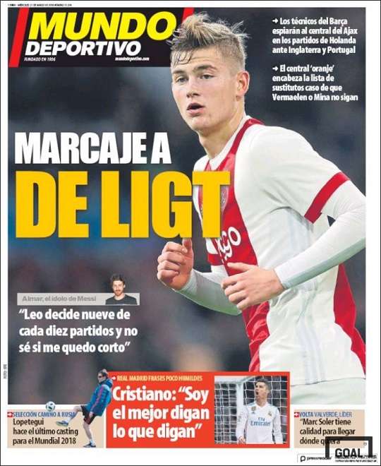 21일(현지시간) 스페인 현지 신문 문도 데포르티보 1면에 등장한 네덜란드 축구 클럽 아약스에서 중앙 수비수로 활약 중인 마타이스 데 리트