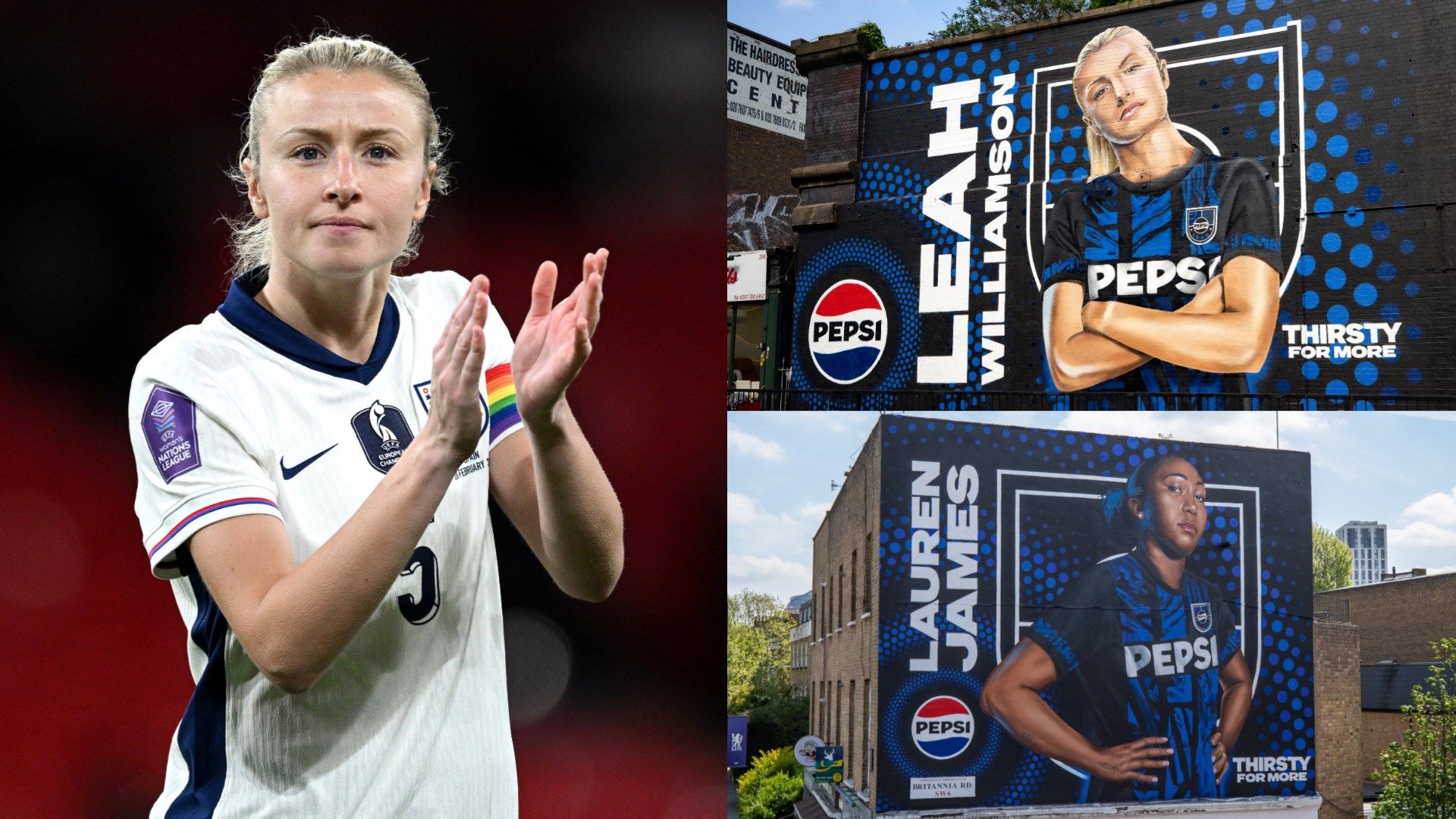 Lionesses duo Lauren James and Leah Williamson honoured with one-of-a-kind murals in London as Chelsea star joins Alexia Putellas and Caroline Graham Hansen as new Pepsi ambassadors | Goal.com UK