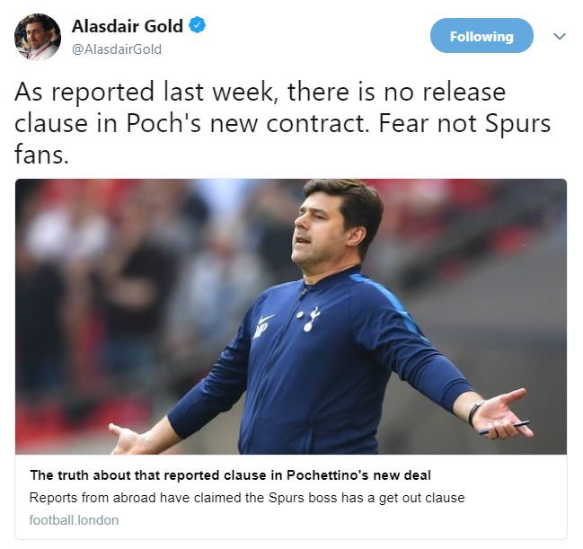 (포체티노 감독의 재계약에 '릴리즈 조항'이 없다고 보도한 '풋볼런던'의 토트넘 담당기자)