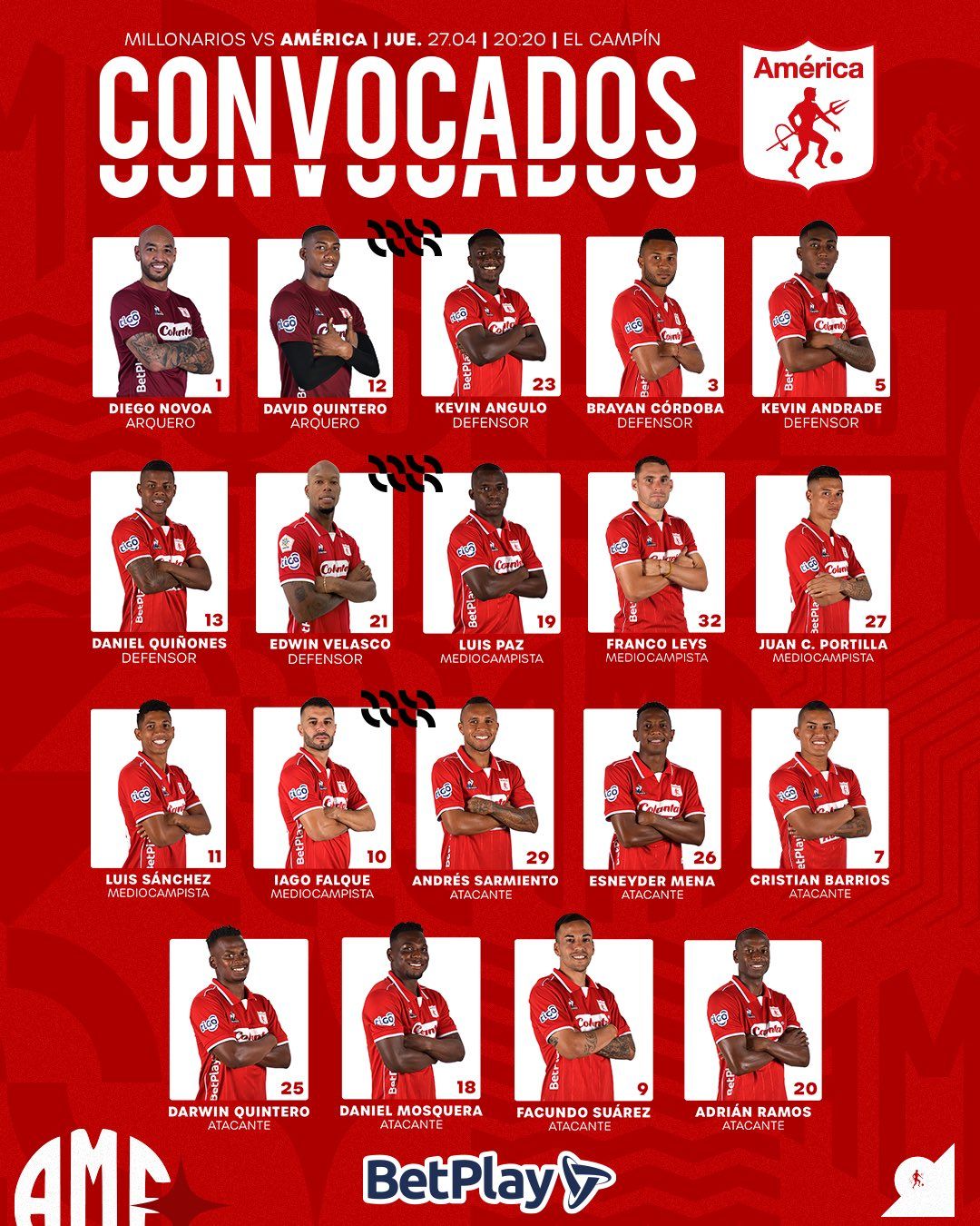Convocados América de Cali Fecha 16 Liga BetPlay 2023