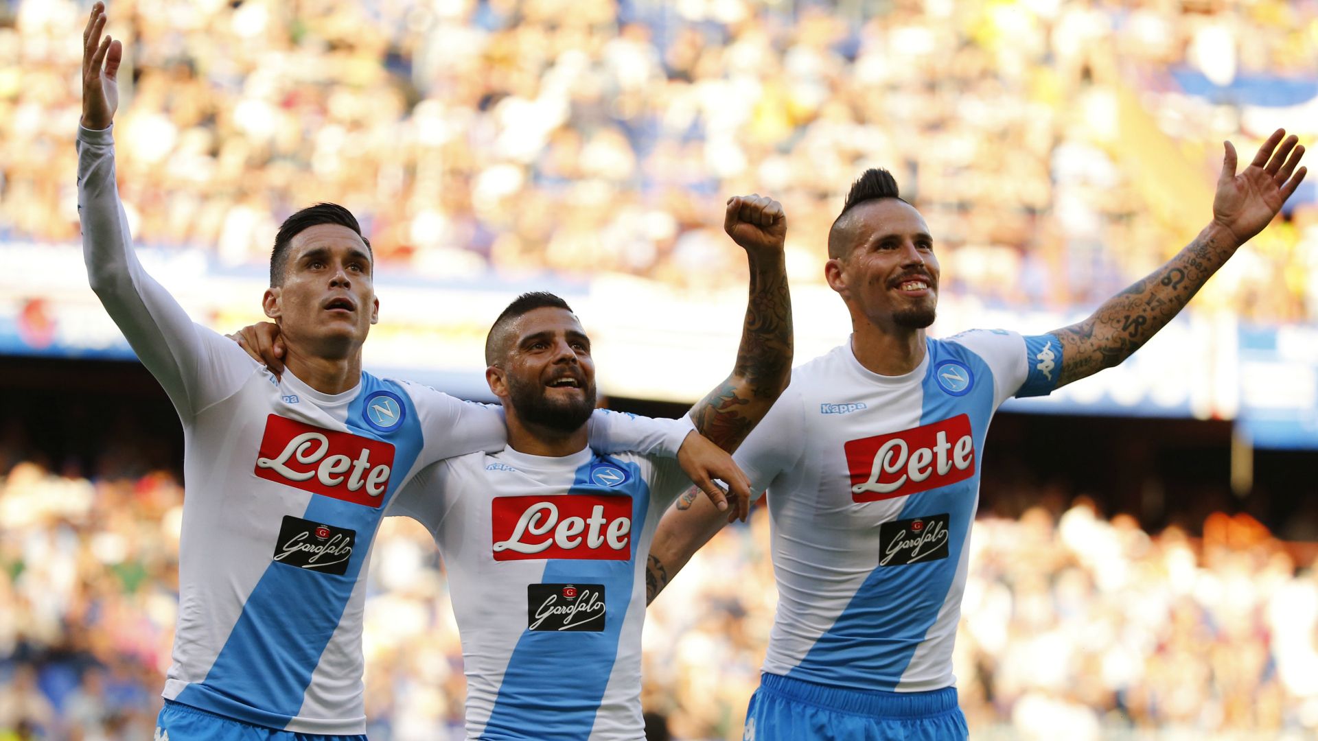 Callejon Insigne and Hamsik celebrating Napoli