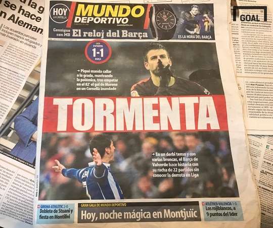 스페인 신문 문도 데포르티포 1면에서 'TORMENTA'(폭풍우)라고 보도된 바르셀로나 더비. 사진=골닷컴 에디터 이하영