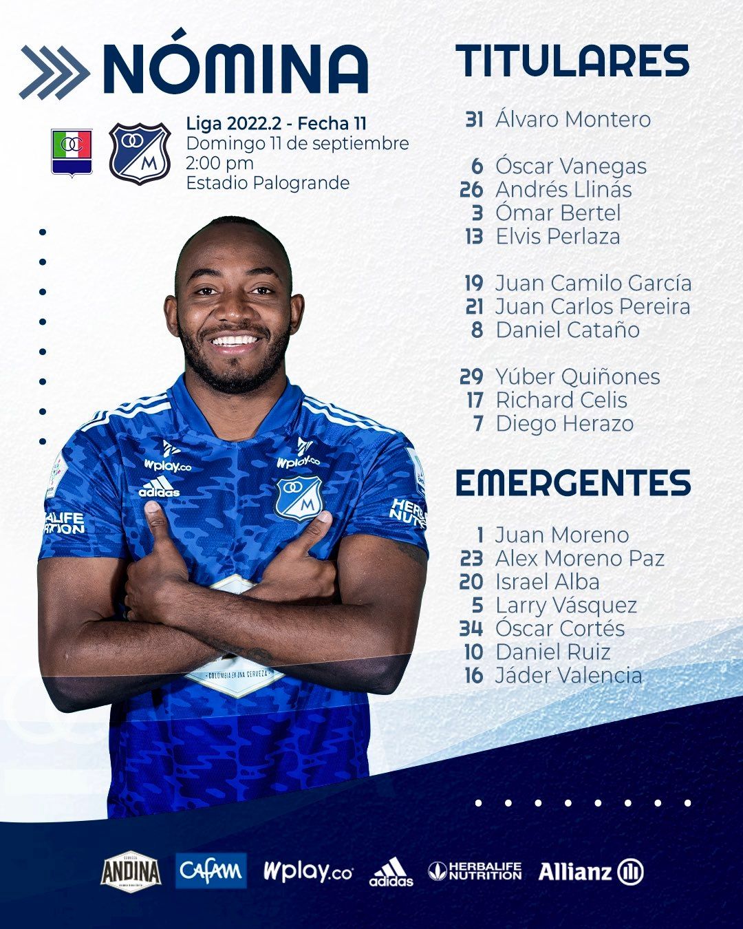 Nómina Millonarios Once Caldas Fecha 11 Liga BetPlay 2022