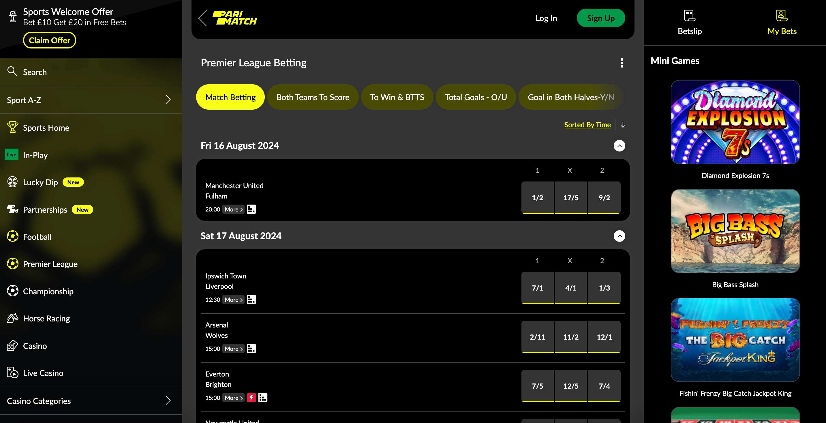 Parimatch interface
