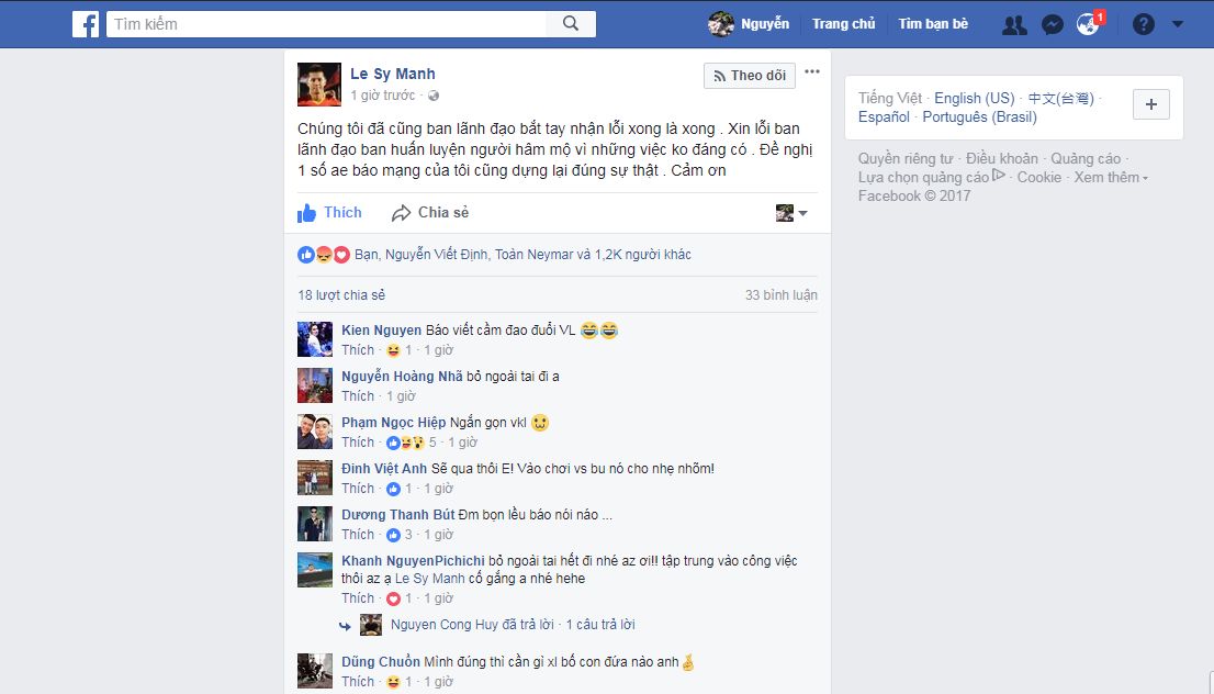 Dòng trạng thái của Lê Sỹ Mạnh 12/9