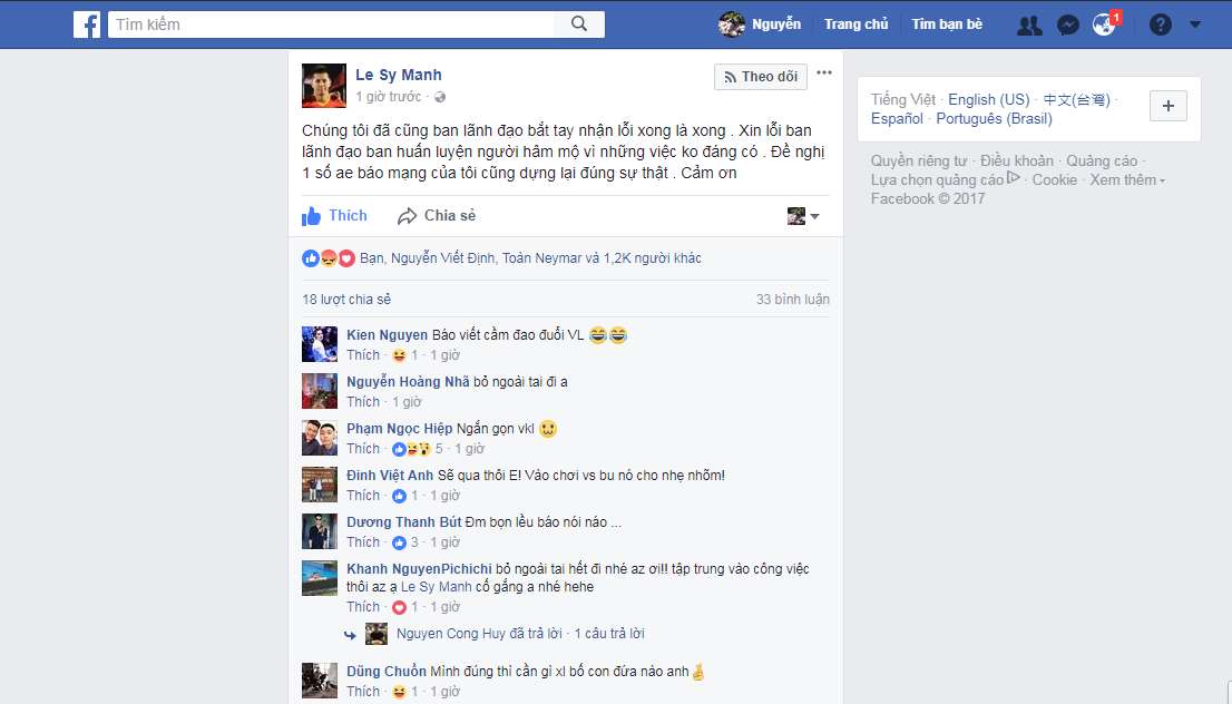 Dòng trạng thái của Lê Sỹ Mạnh 12/9