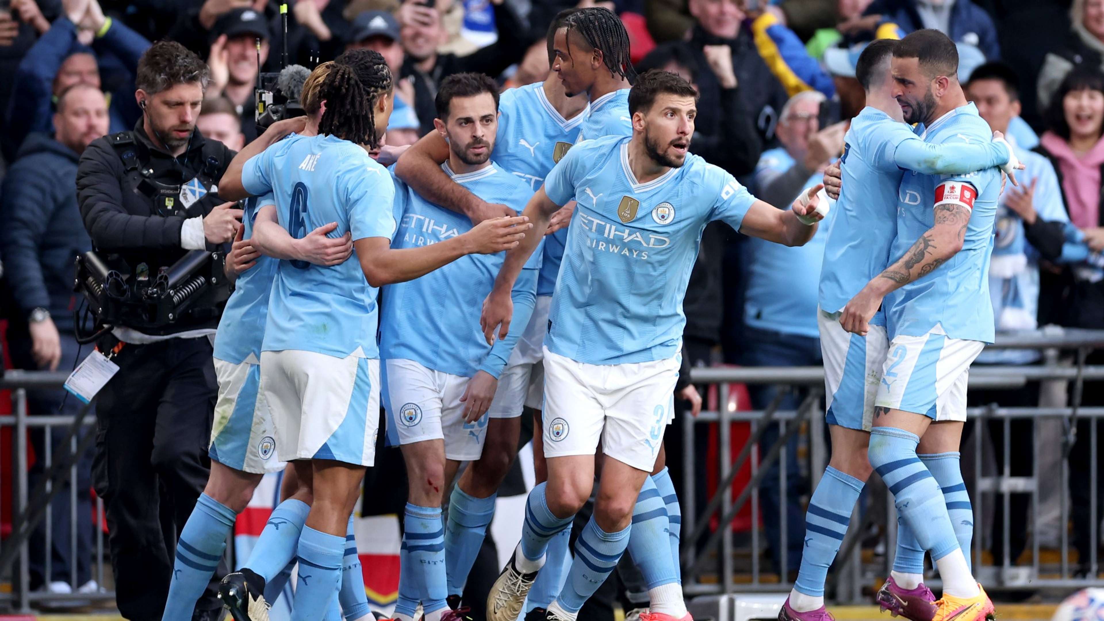 Man City celebrating Bernardo Silva goal FA Cup semi-final