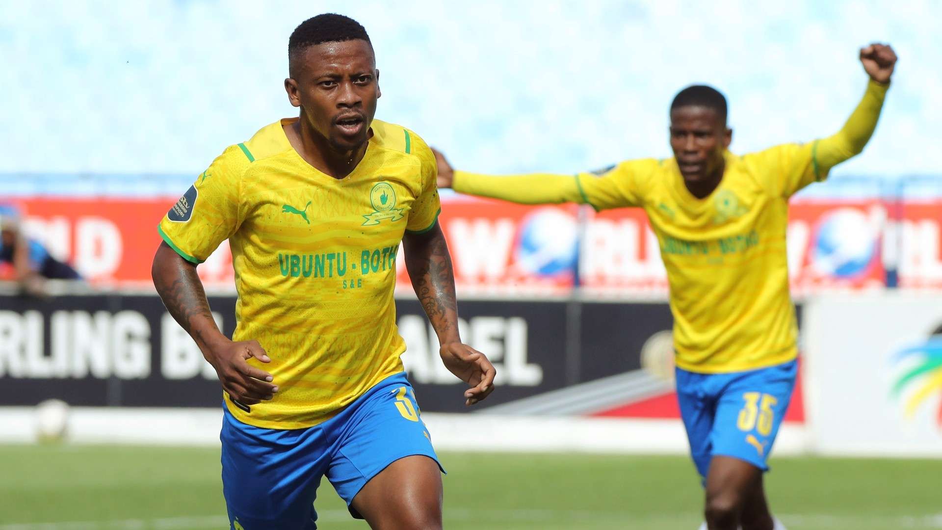 Thabiso Kutumela of Mamelodi Sundowns celebrates goal.