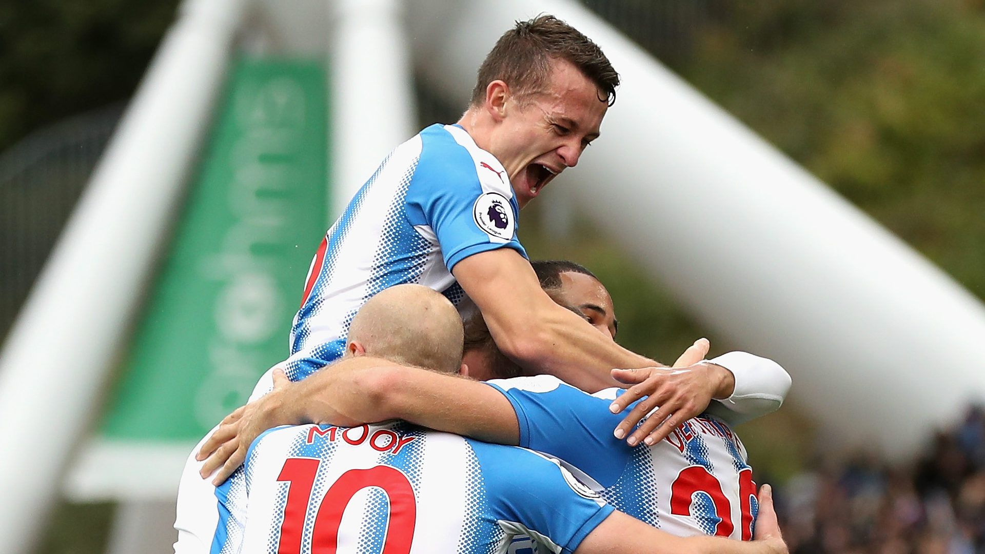 Huddersfield Town celebrate against Manchester United