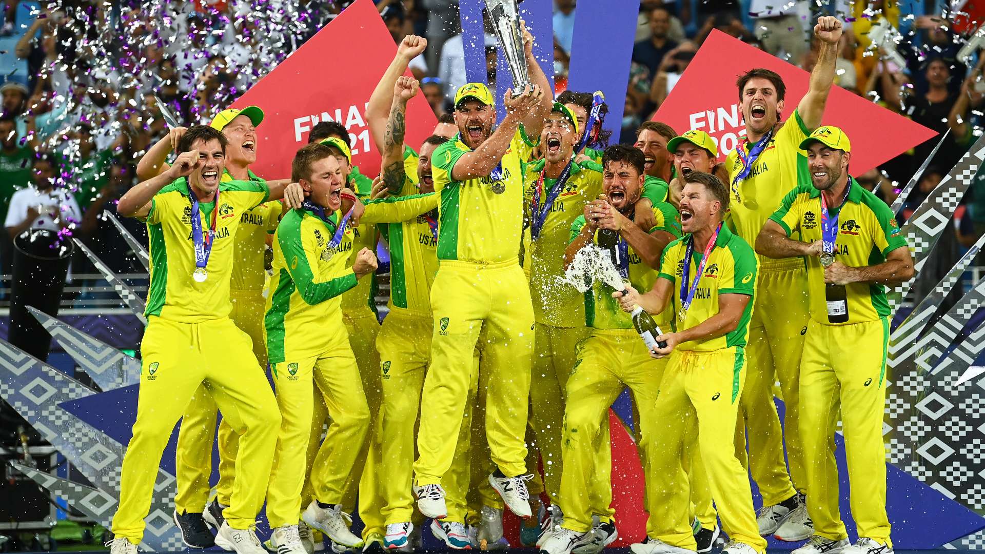 Aaron Finch of Australia lifts the ICC Men's T20 World Cup Trophy