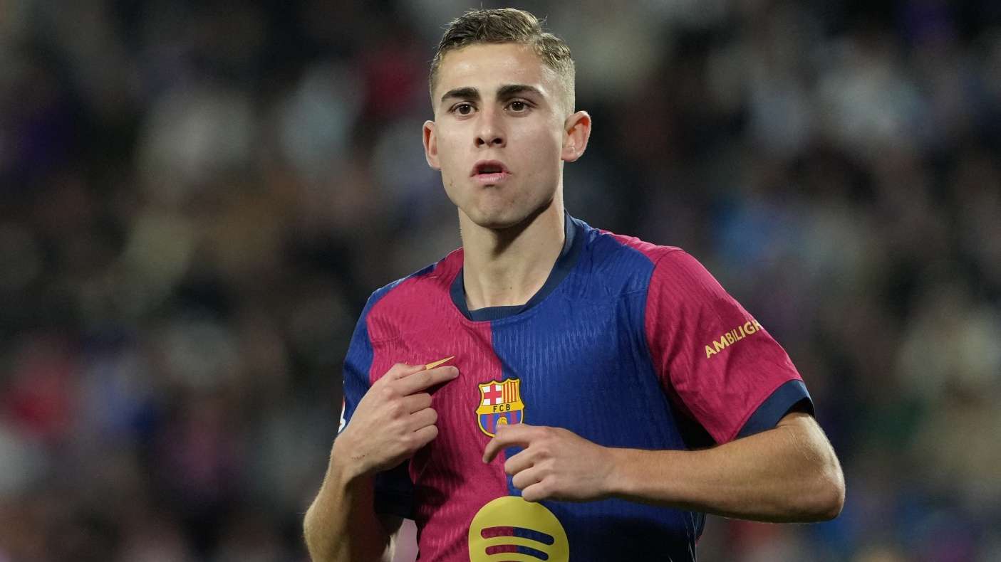 Barcelona's Spanish midfielder #16 Fermin Lopez celebrates scoring