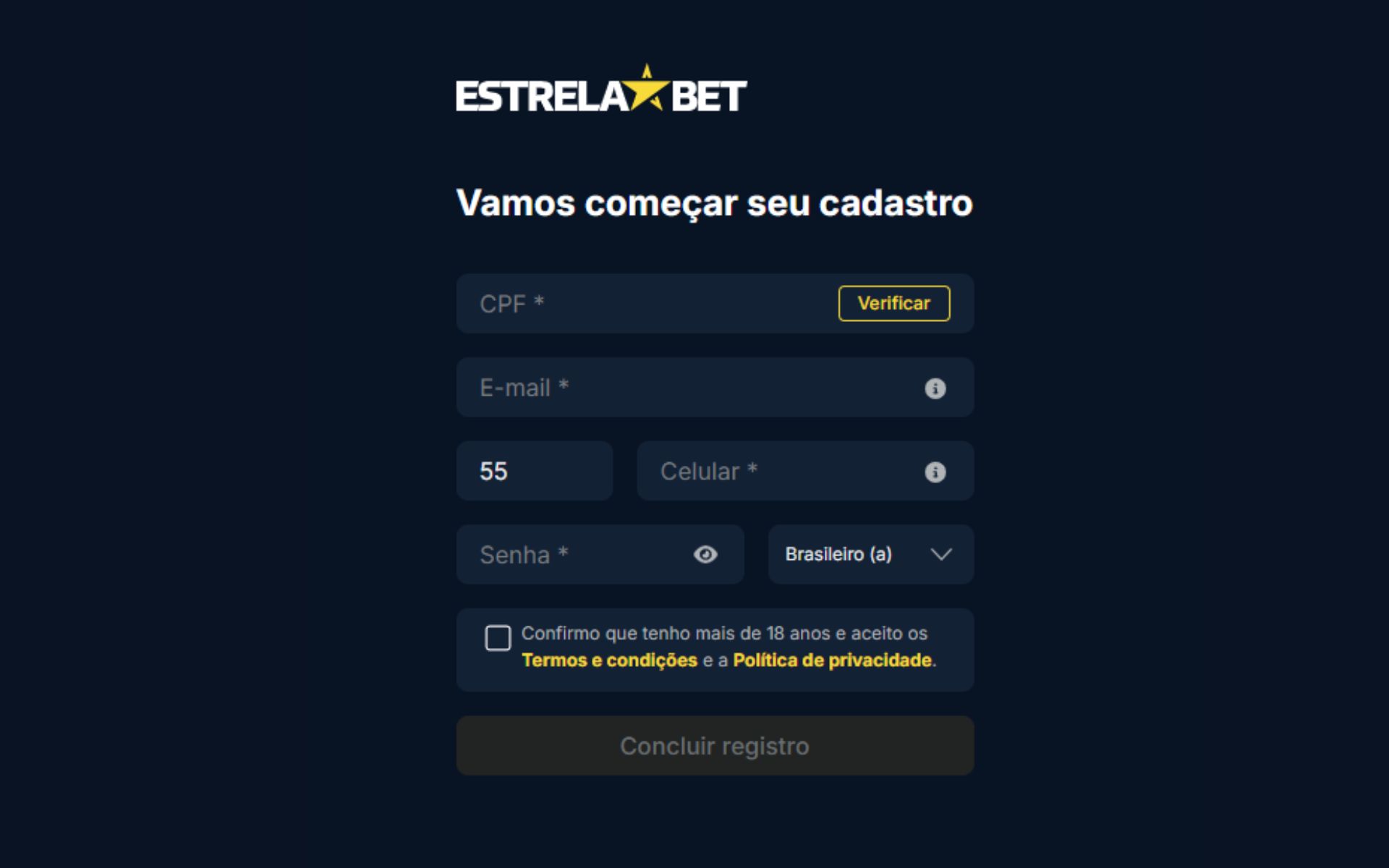 EstrelaBet formulário de cadastro