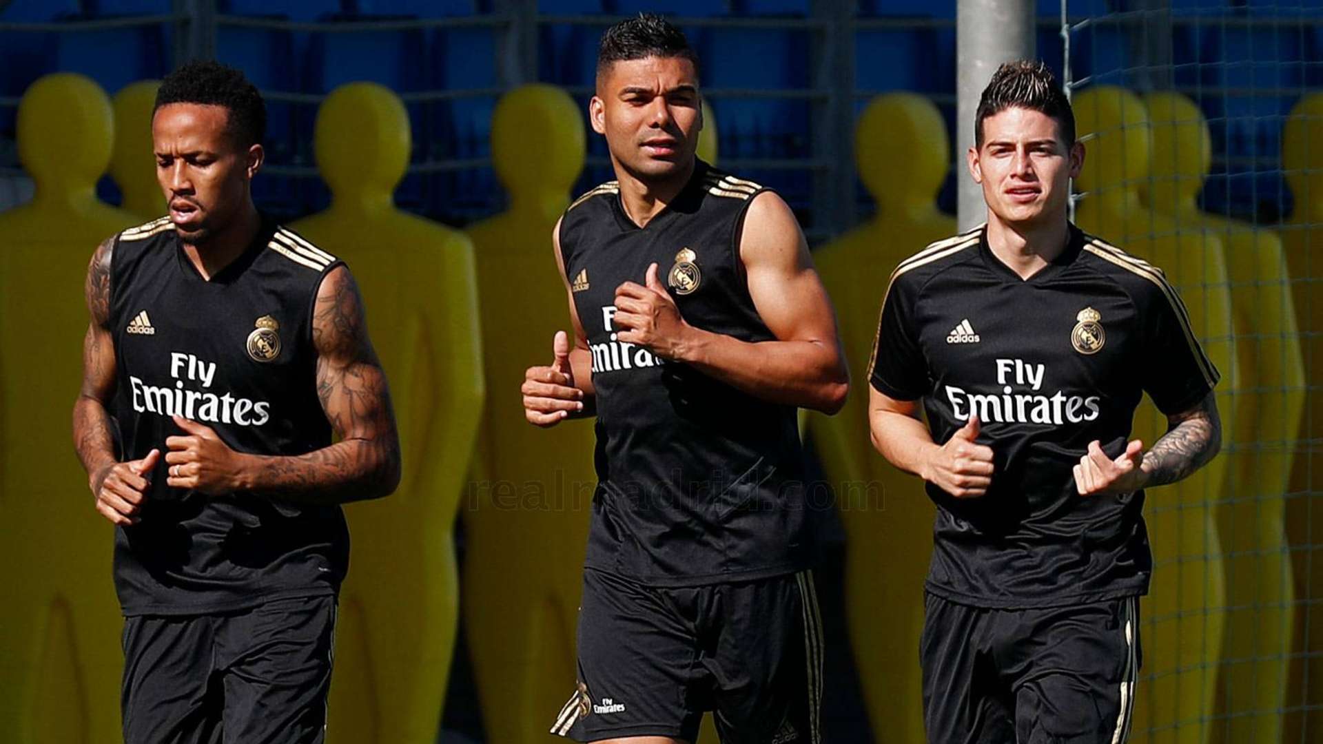 Eder Militao, Casemiro and James Rodríguez, during a Real Madrid training session