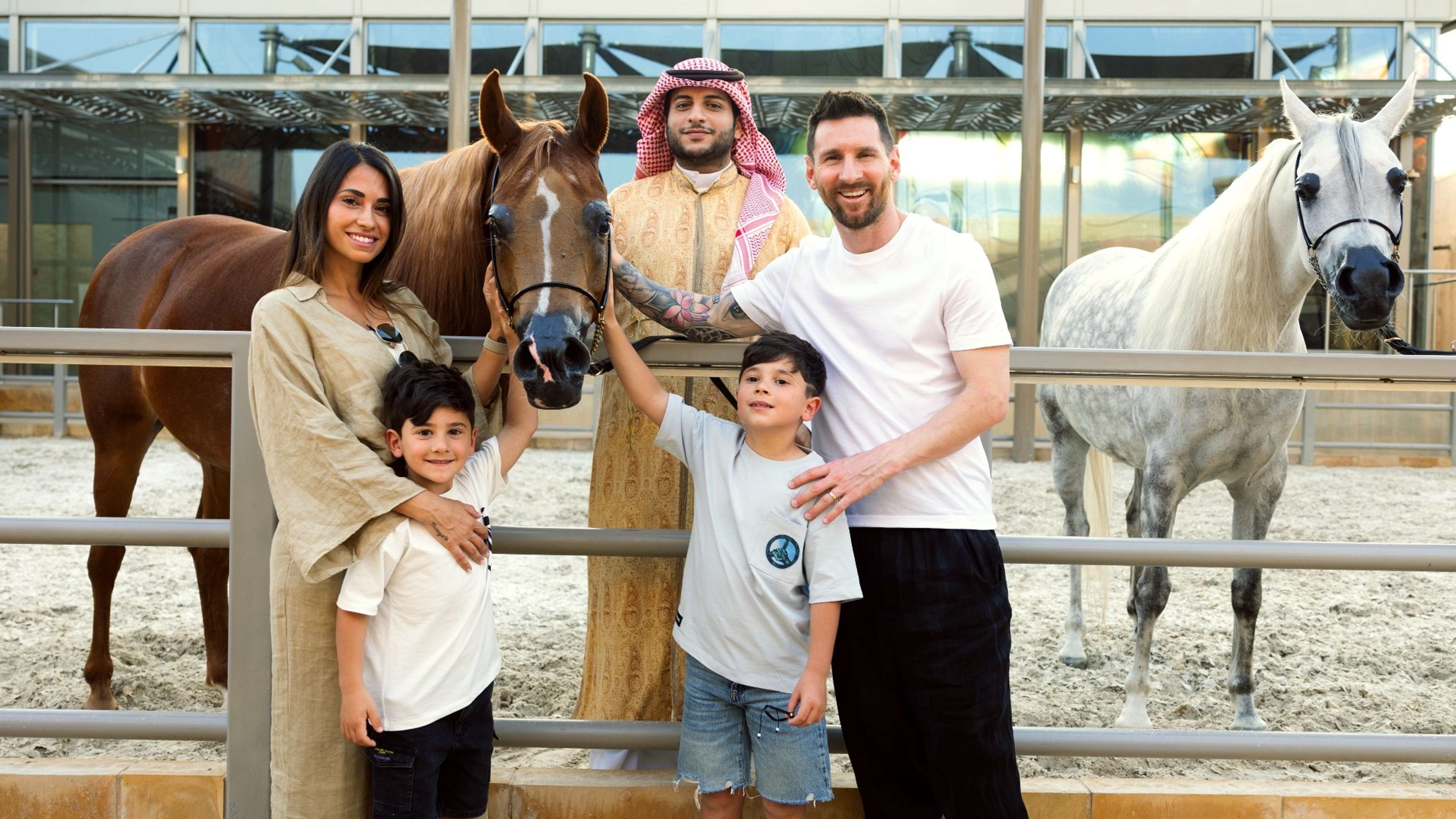 Messi and family interacting with magnificent purebred Arabian horses in Saudi