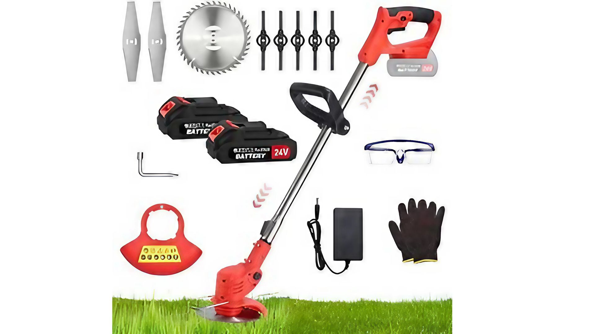 مجموعة ماكينة تشذيب العشب الكهربائية اللاسلكية، ماكينة تشذيب العشب المحمولة باليد 24 فولت، 2 بطارية تعمل بالبطارية، 3 انواع شفرات، ماكينة تشذيب الحشائش المحمولة ذاتية الفك للحديقة والمنزل والفناء