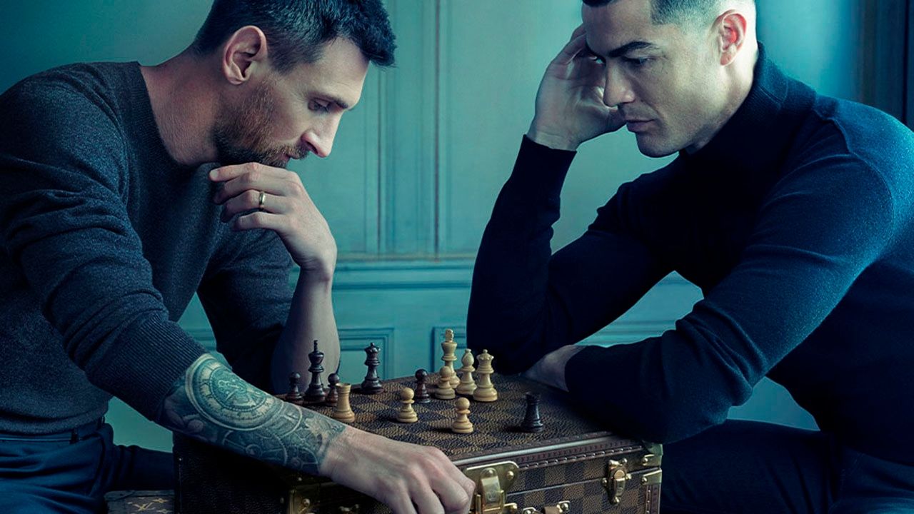 Messi e Ronaldo campanha Louis Vuitton xadrez, 2022