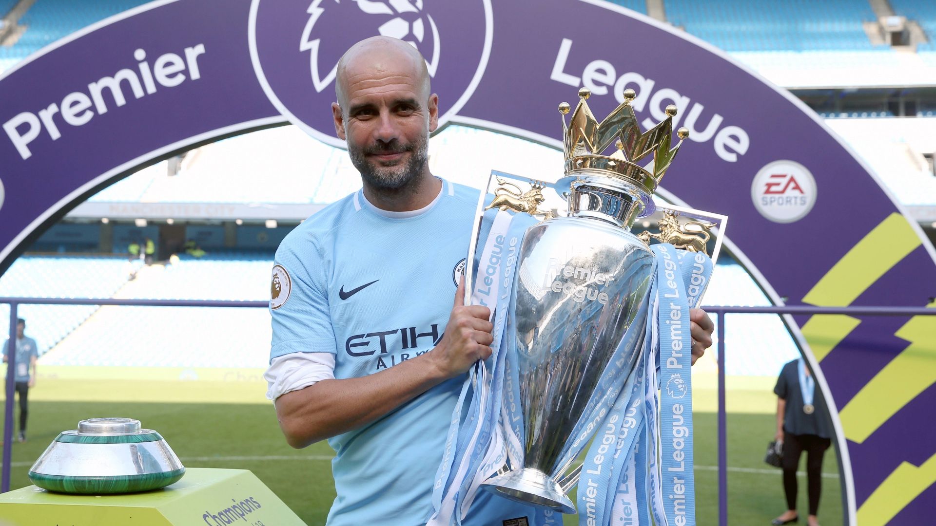 ONLY GERMANY Pep Guardiola Manchester City Premier League trophy