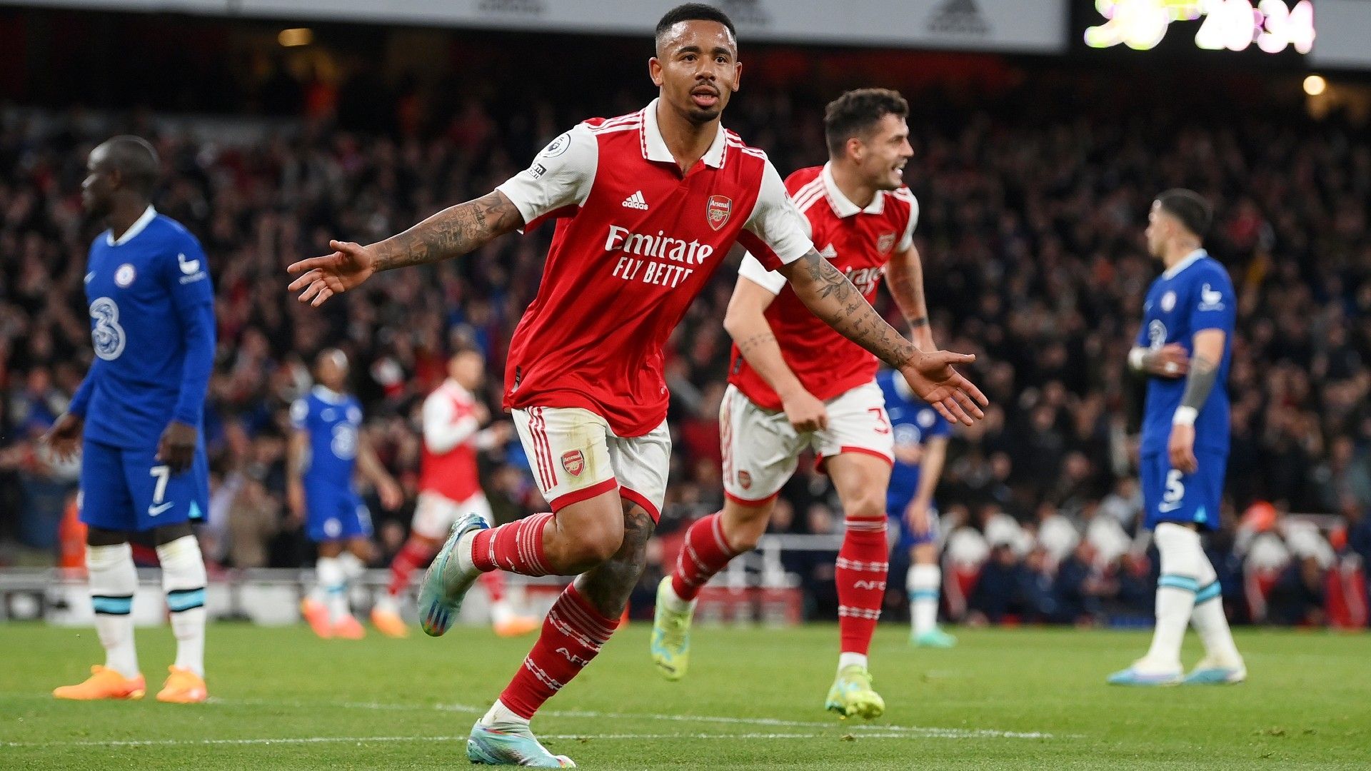 Gabriel Jesus celebrates scoring for Arsenal against Chelsea