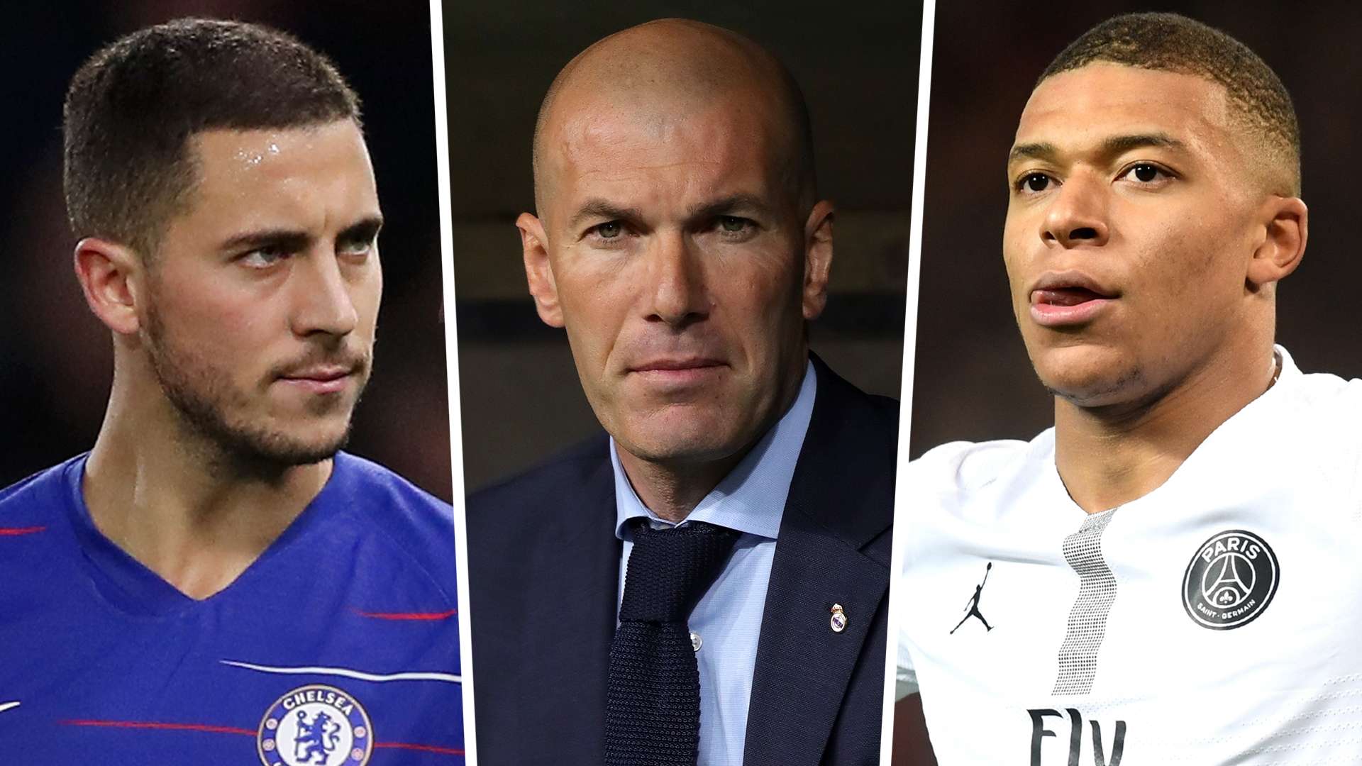 Eden Hazard, Zinedine Zidane and Kylian Mbappe