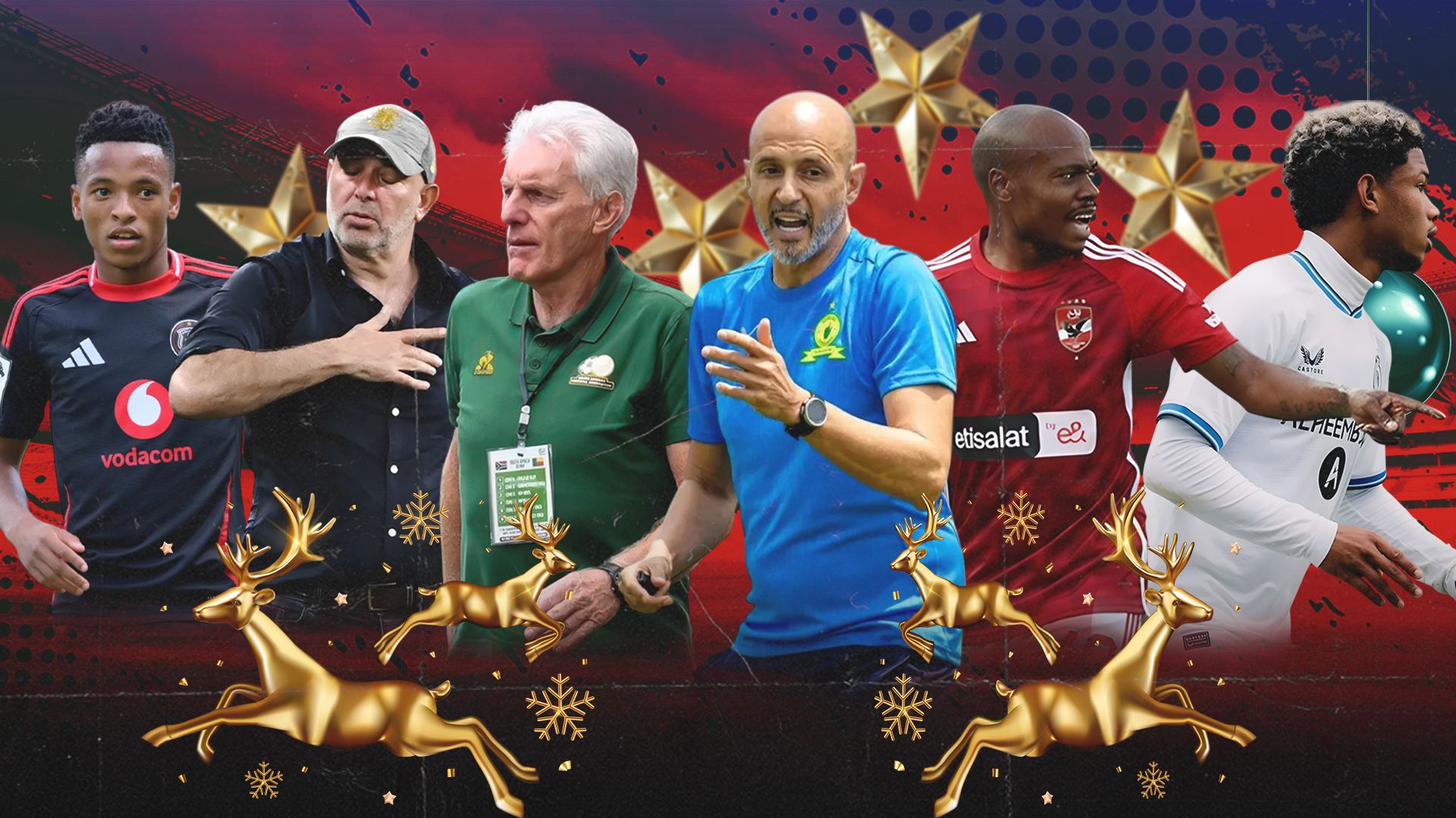 Nasreddine Nabi, Miguel Cardoso, Relebohile Mofokeng, Percy Tau, Shandre Campbell and Hugo Broos