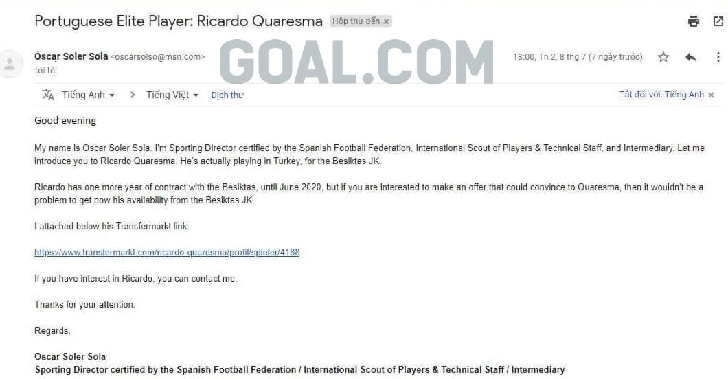 Email from Ricardo Quaresma's agent to Sai Gon FC V.League 2019
