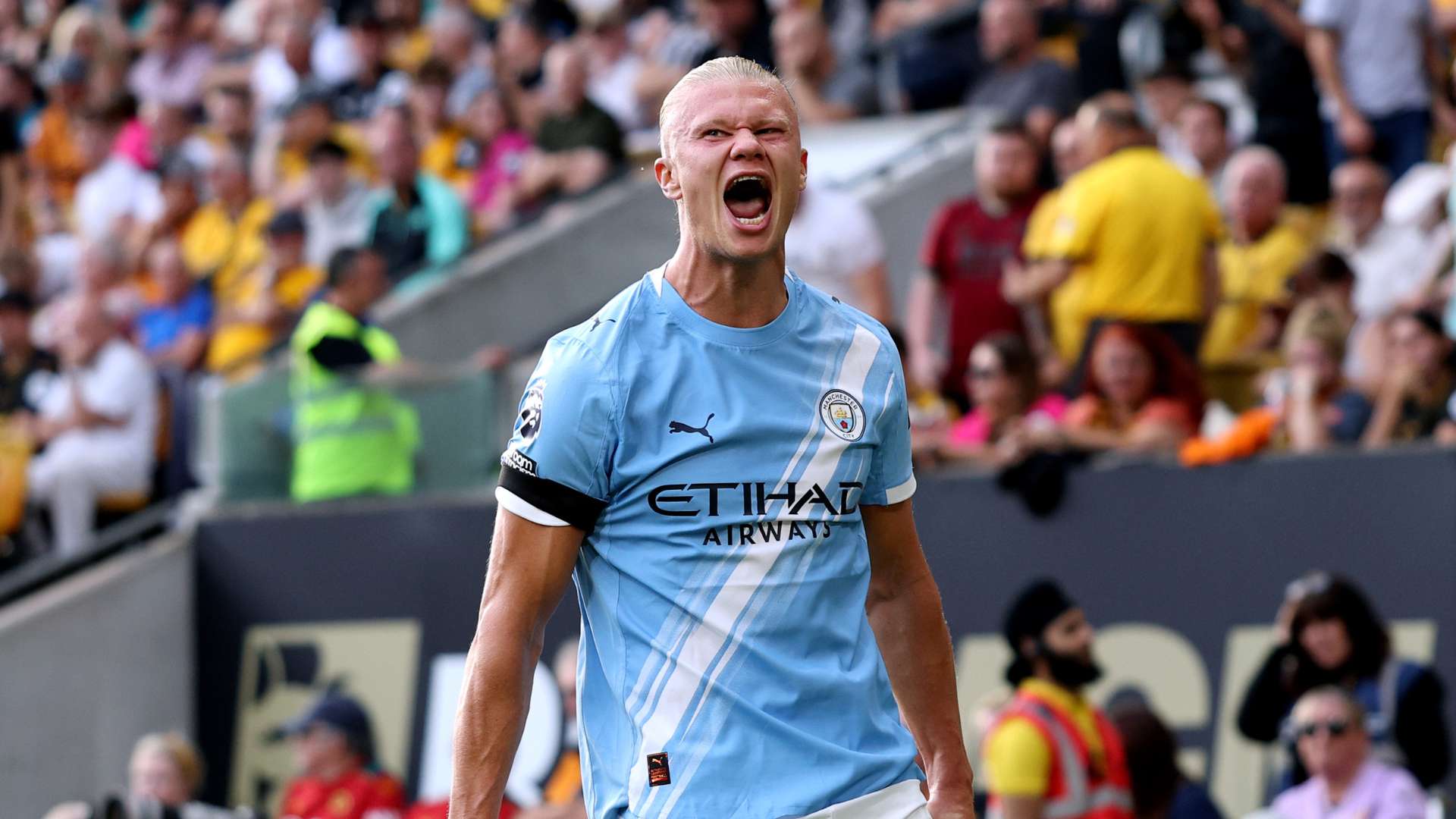 Erling Haaland of Manchester City celebrates scoring his team's third goal