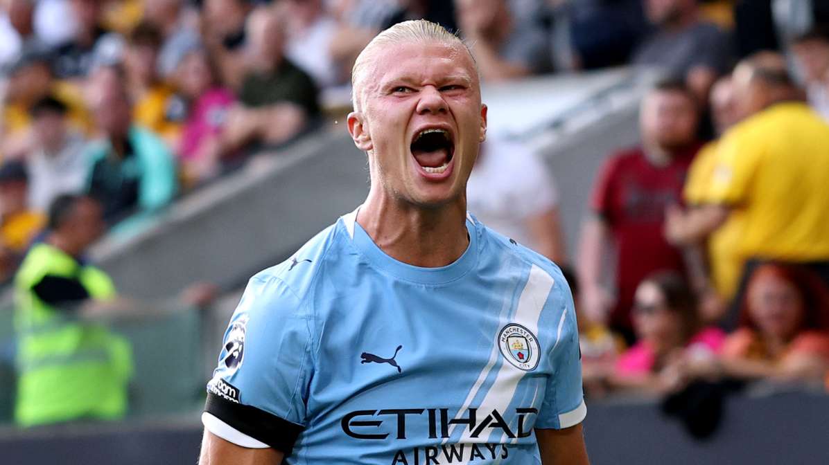 Erling Haaland of Manchester City celebrates scoring his team's third goal