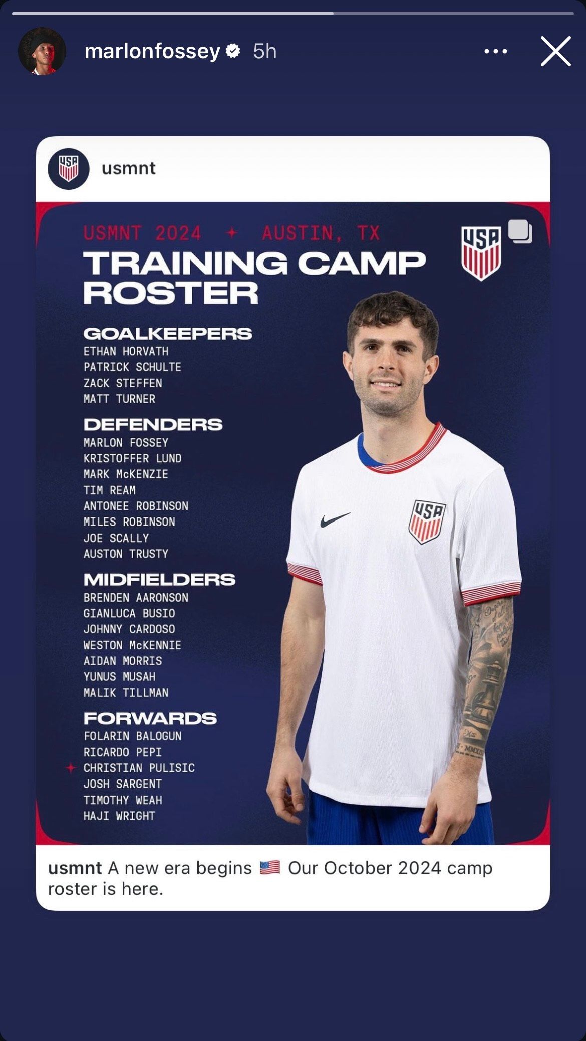 Marlon Fossey USMNT Oct. callup Insta post