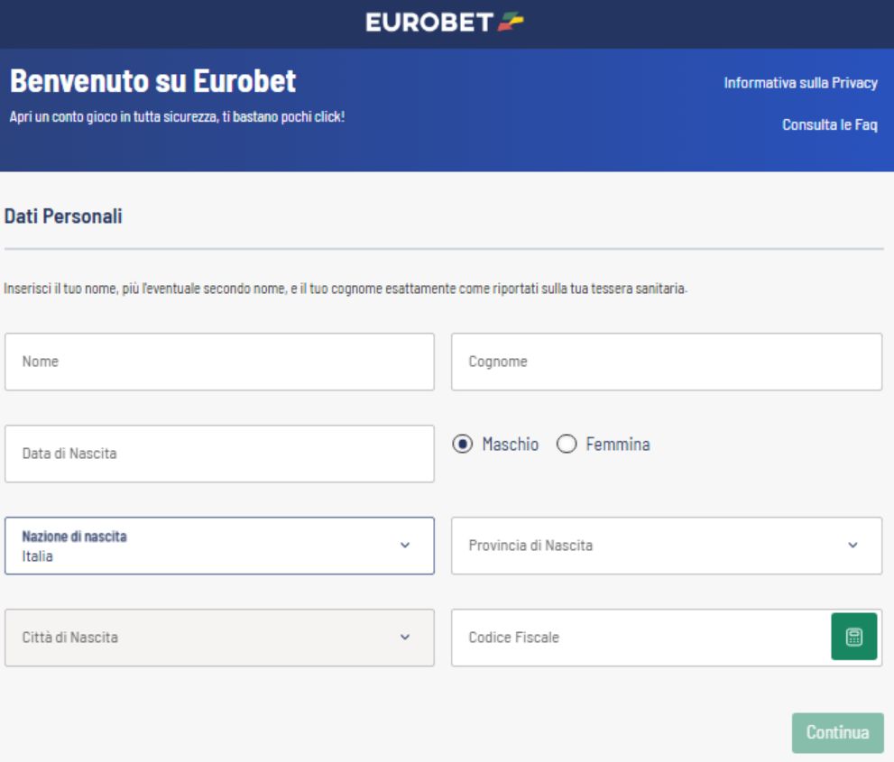 modulo registrazione eurobet