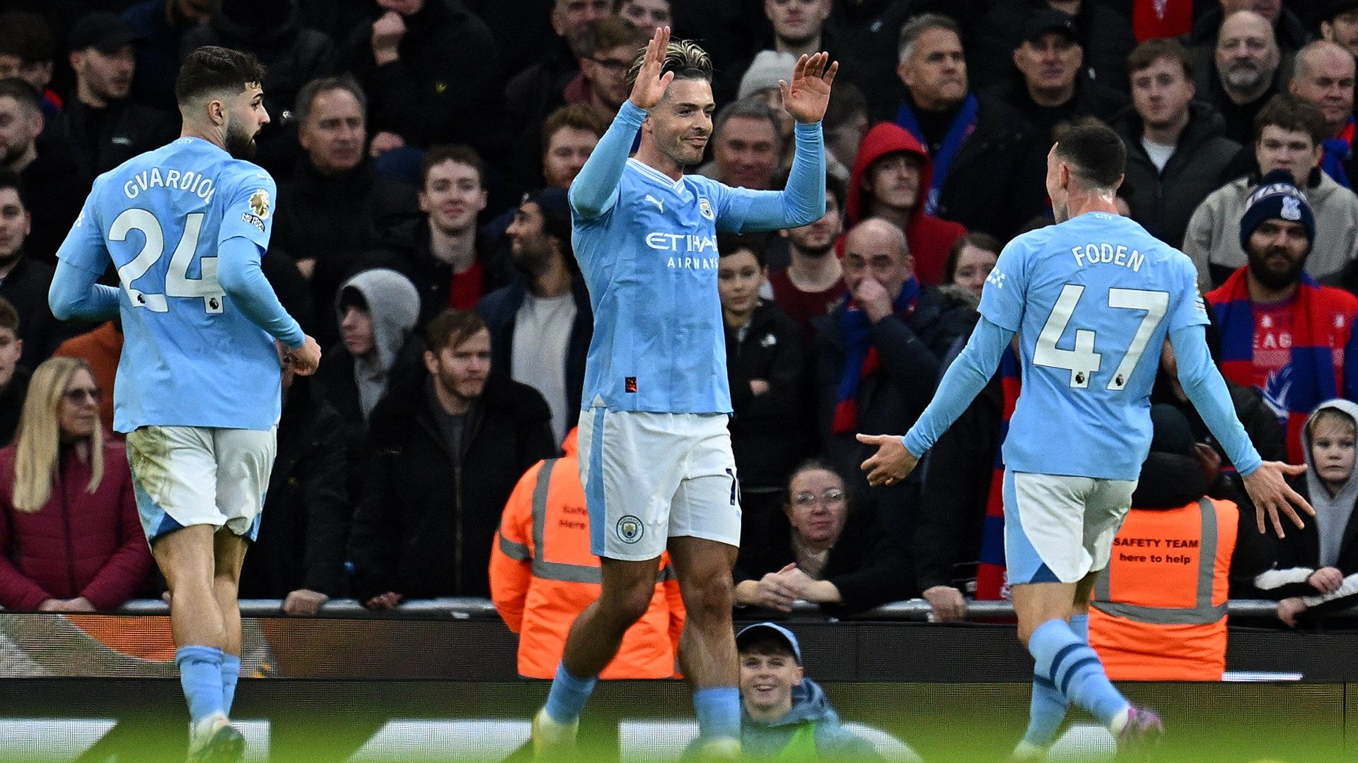 Man City celebrating Jack Grealish goal against Crystal Palace 2023-24
