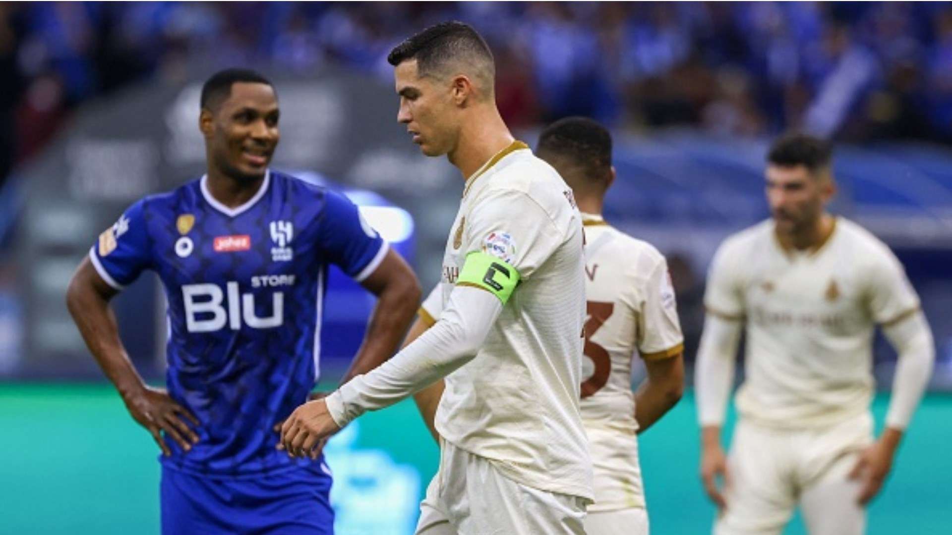 Nassr's Portuguese forward Cristiano Ronaldo (C) reacts during the Saudi Pro League football match between Al-Hilal and Al-Nassr
