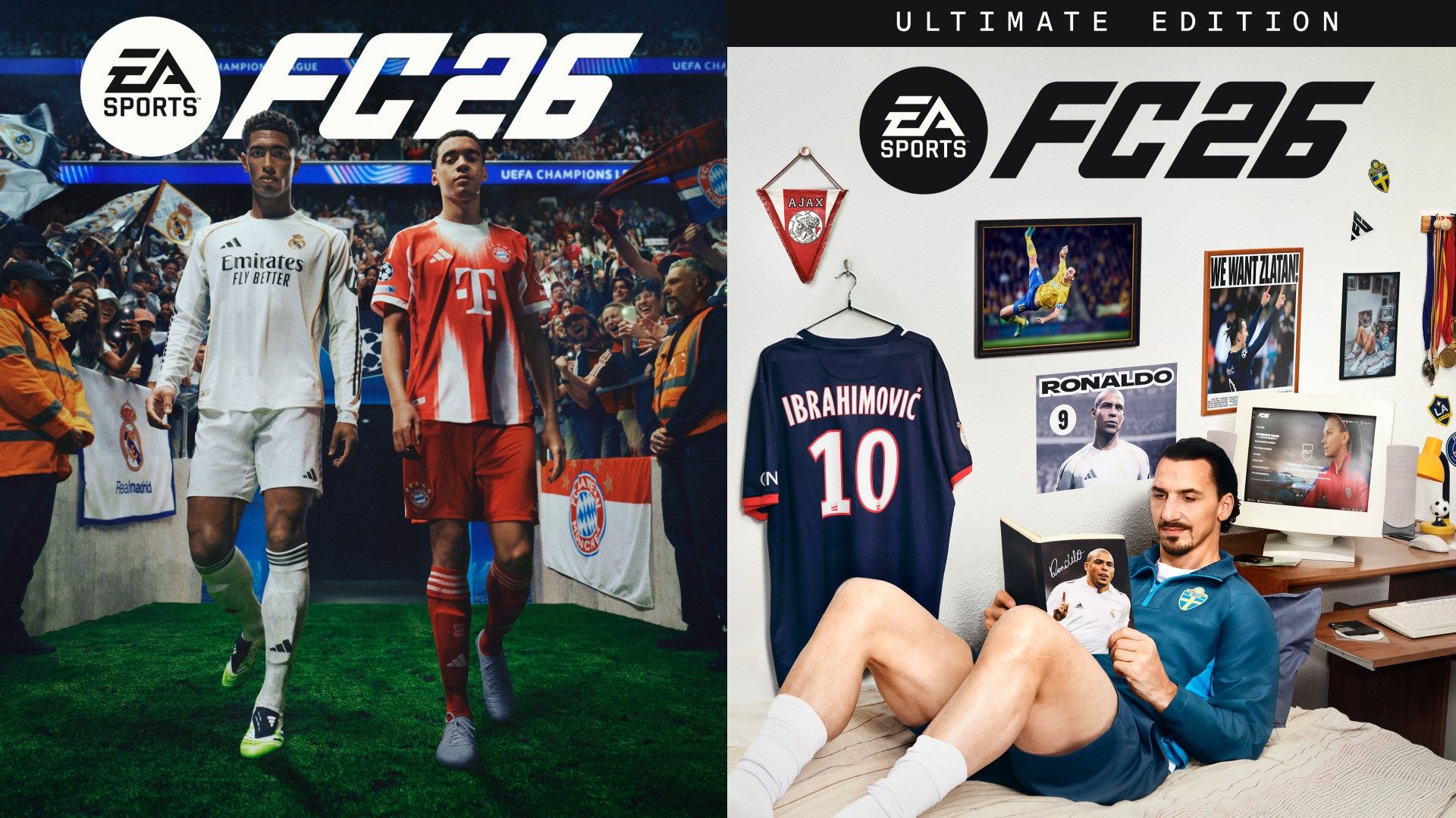 EA Sports FC 26 cover (standard and Ultimate) Jude Bellingham Jamal Musiala Zlatan Ibrahimovic
