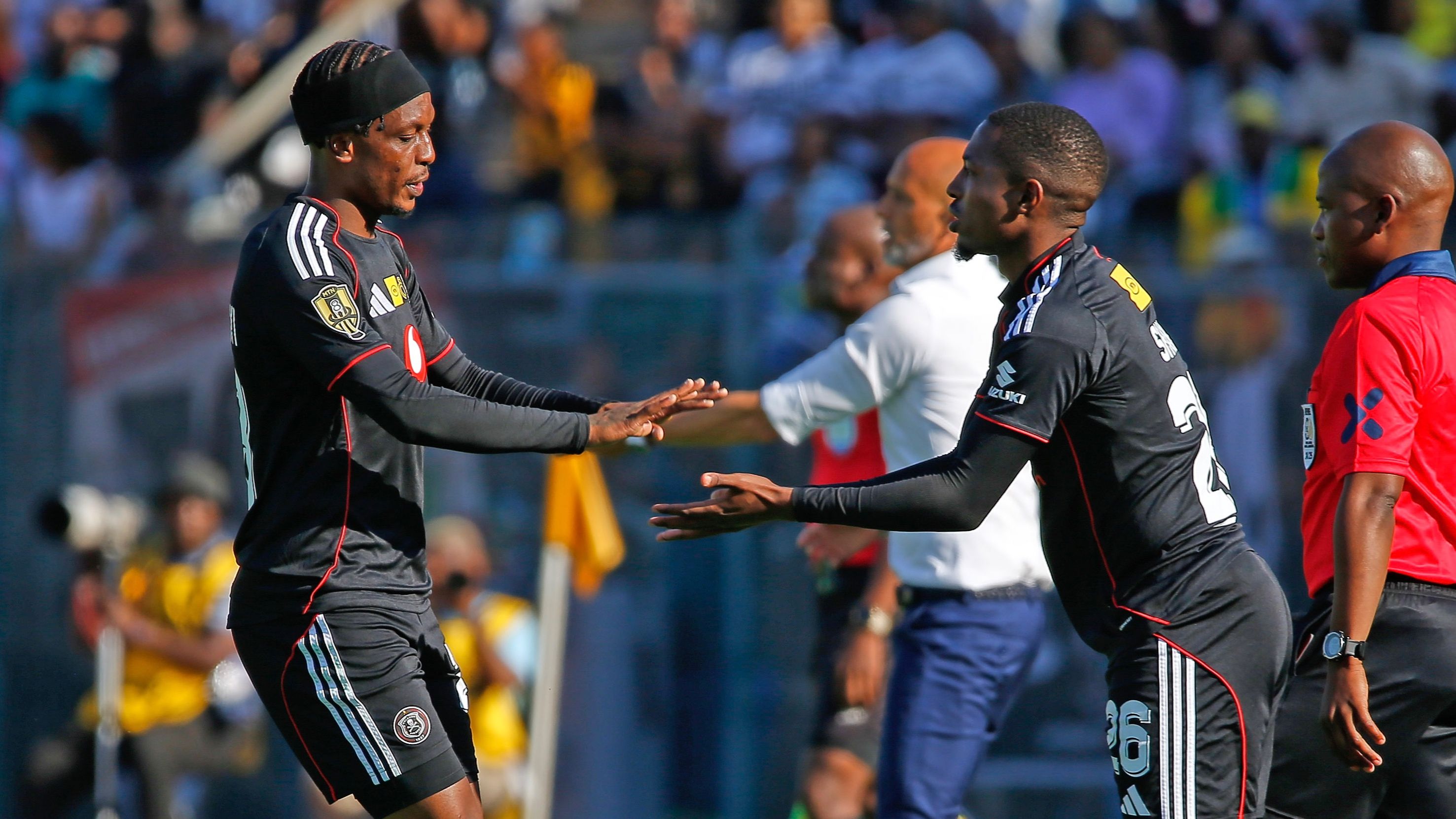 Patrick Maswanganyi and Bandile Shandu of Orlando Pirates