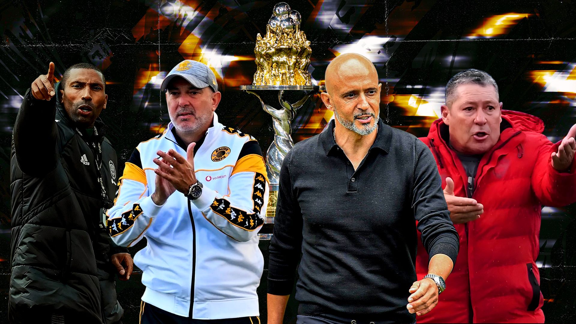 Miguel Cardoso (Mamelodi Sundowns), Nasreddine Nabi (Kaizer Chiefs, Abdeslam Ouaddou (Orlando Pirates) and Steve Barker (Stellenbosch) 16-9