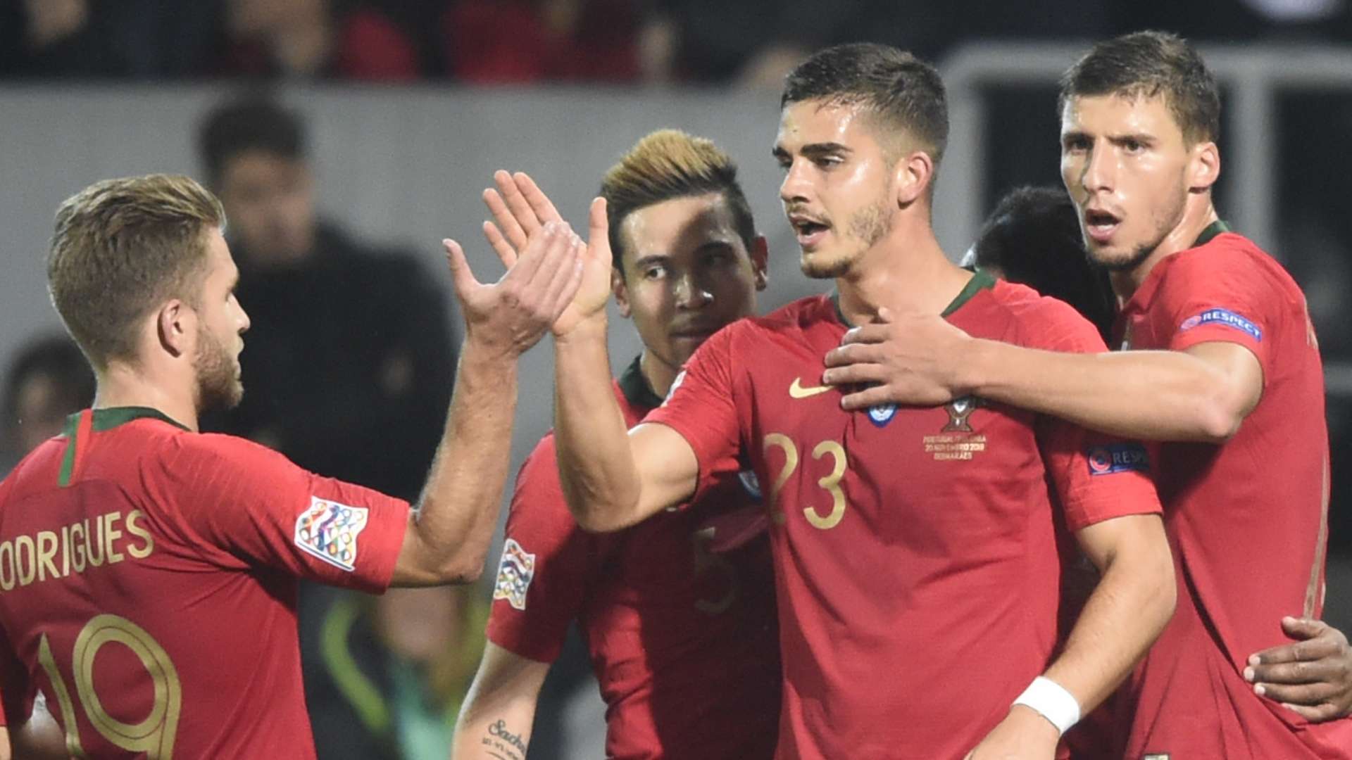 Portugal celebrate Andre Silva goal vs Poland