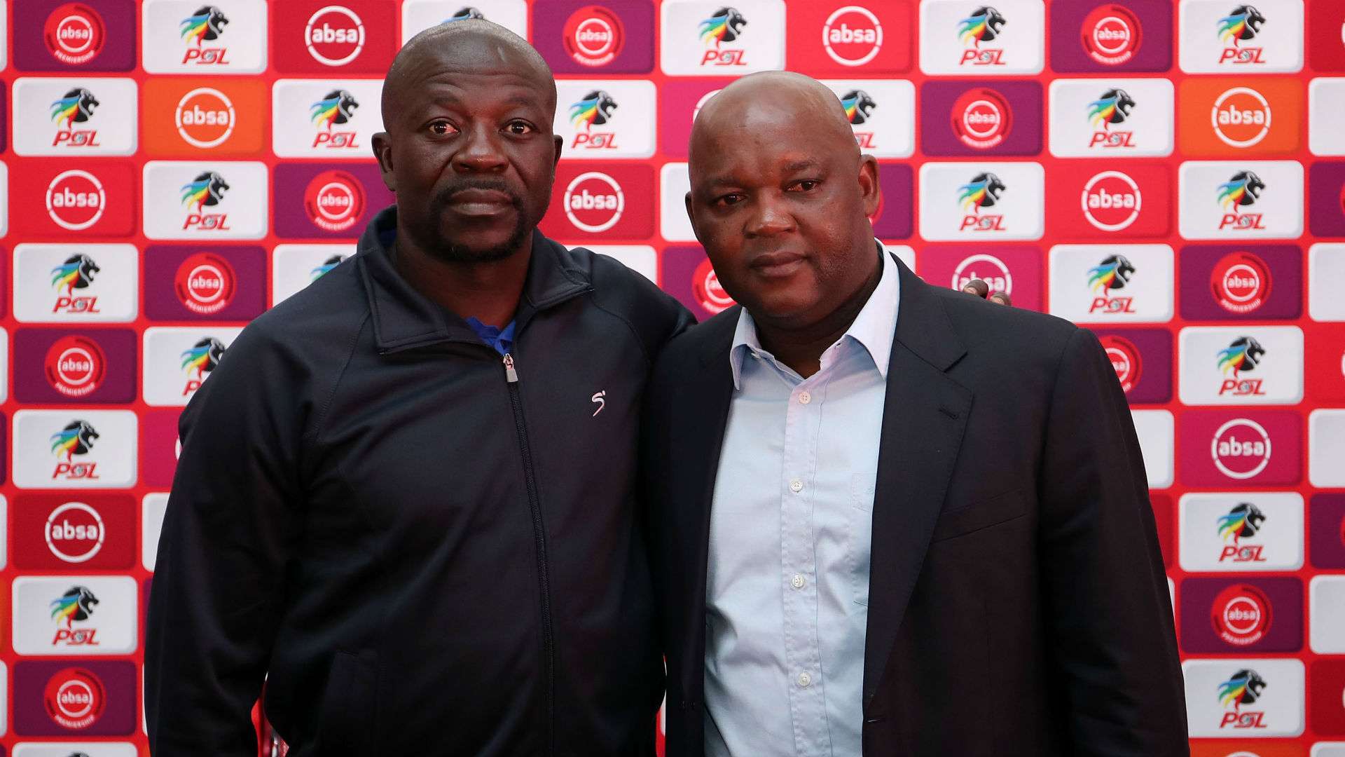 Kaitano Tembo, coach of SuperSport United with Pitso Mosimane, coach of Mamelodi Sundowns, July 2019