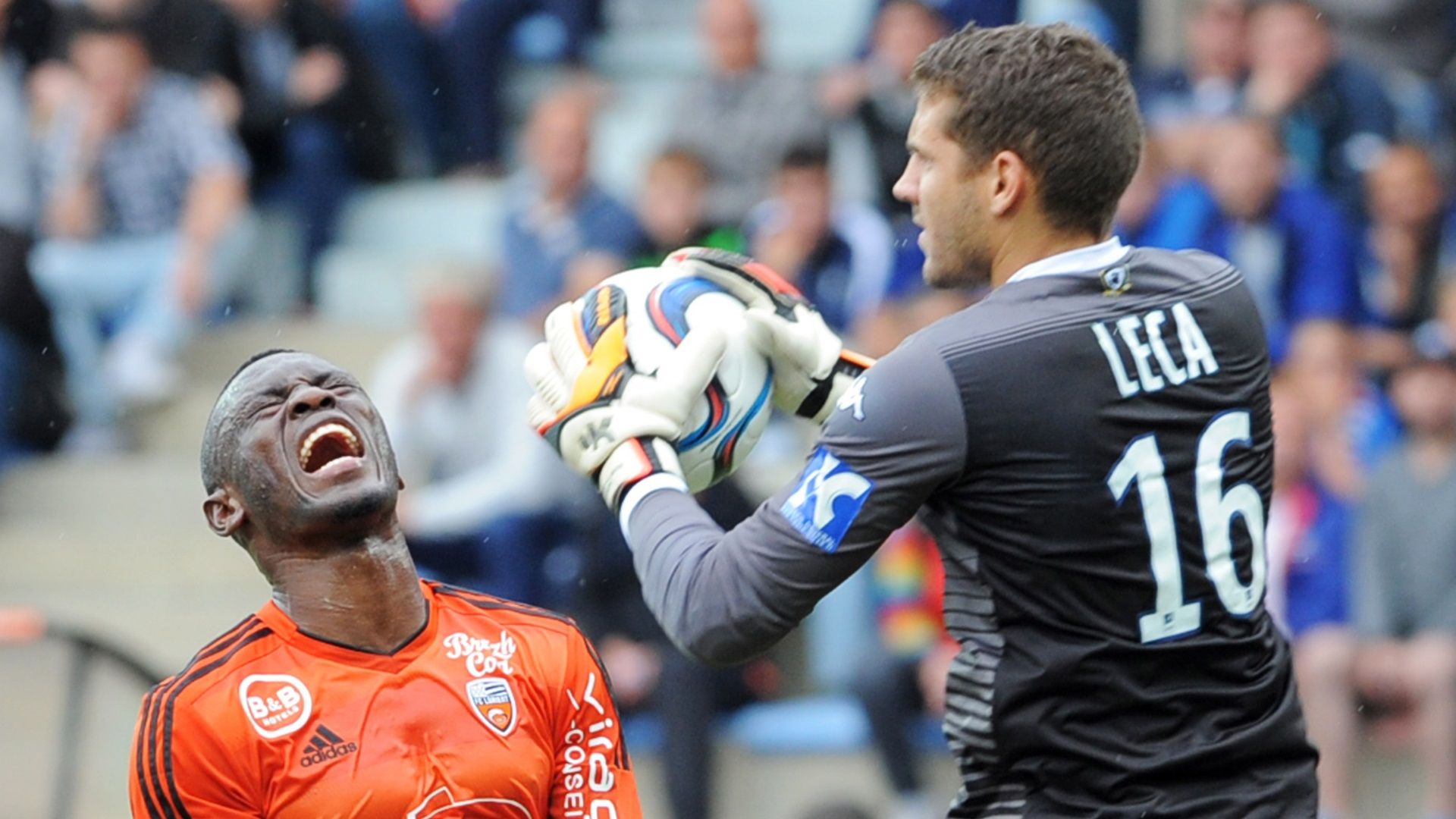 Waris Majeed of Lorient and Jean-Louis Leca of Bastia
