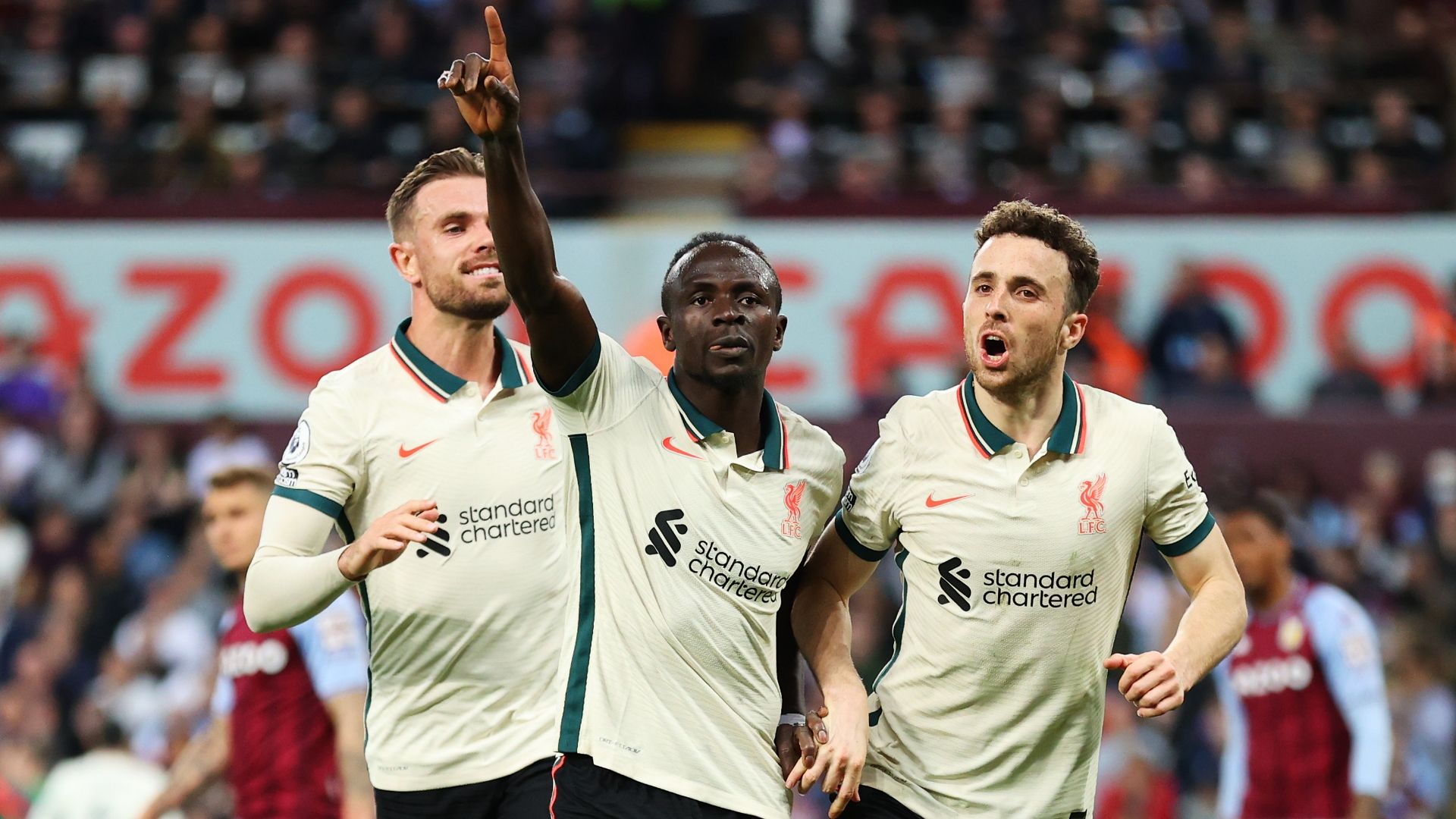Liverpool celebrate Sadio Mane goal at Aston Villa 2021-22