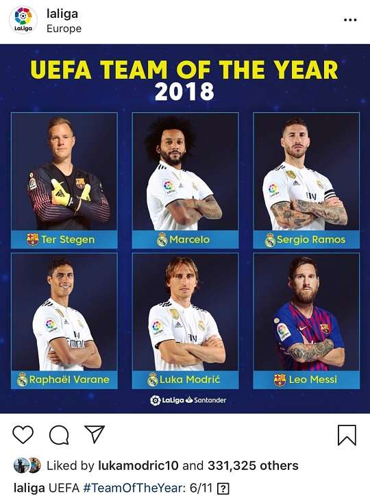 2018년 UEFA 팀에 선정된 라리가 선수들. 사진=라리가 공식 인스타그램