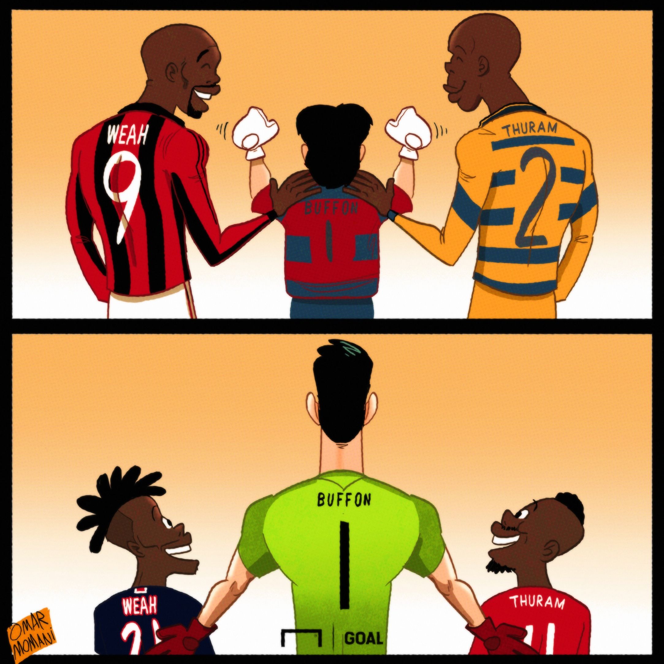 Cartoon Buffon, Thuram and Weah