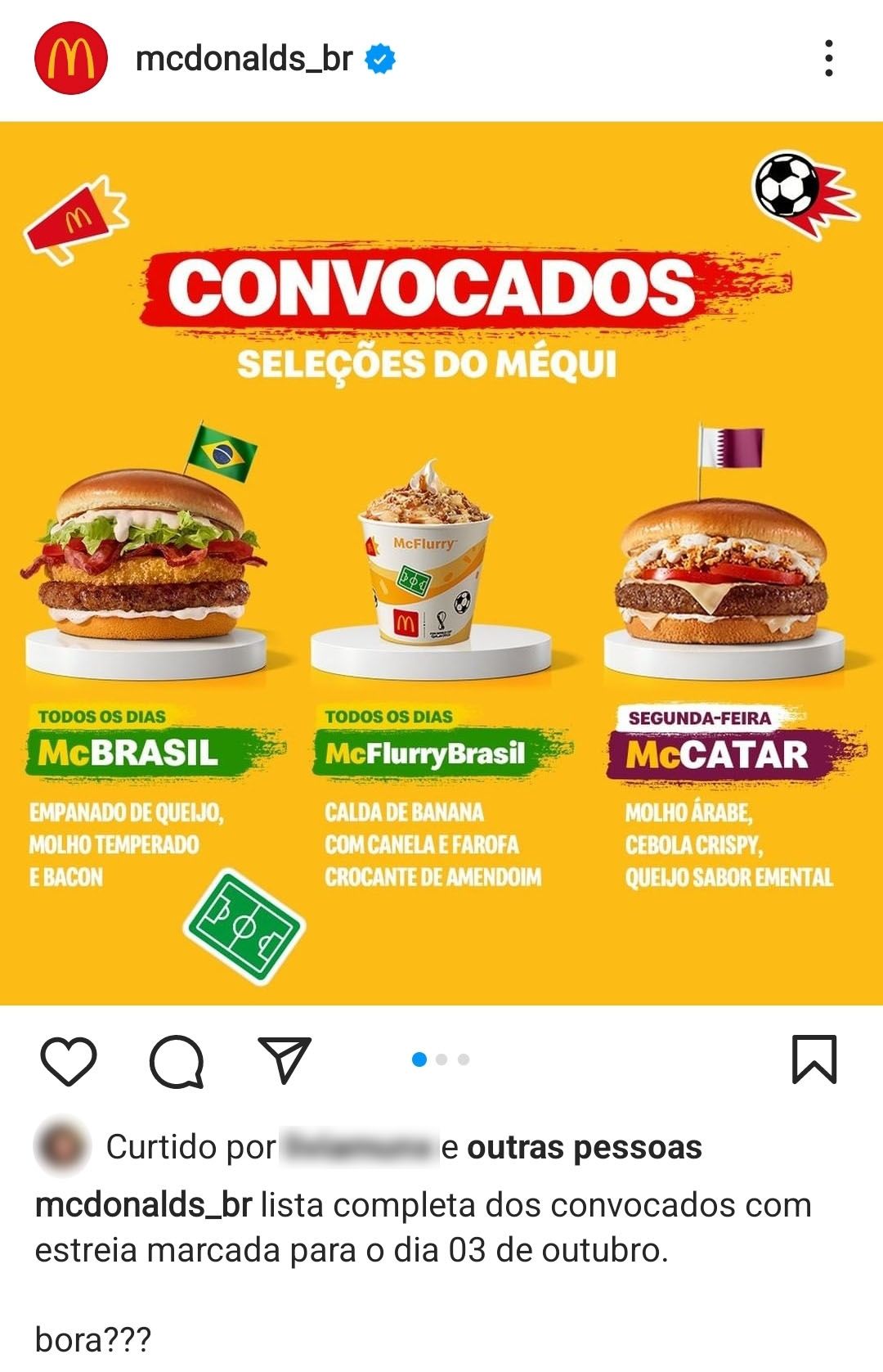 SÓ CORPO Post McDonald's anunciando lanches da Copa 2022