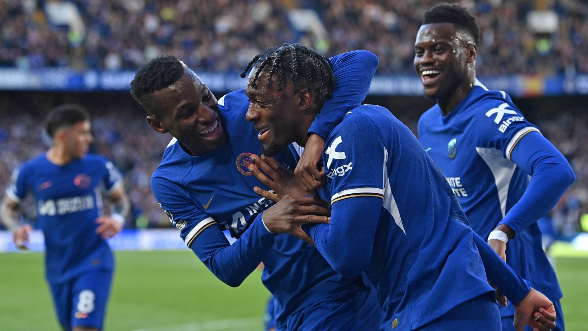 Chelsea celebrating Axel Disasi disallowed goal against Burnley 2023-24