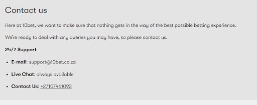 10bet customer support teams contact details informations