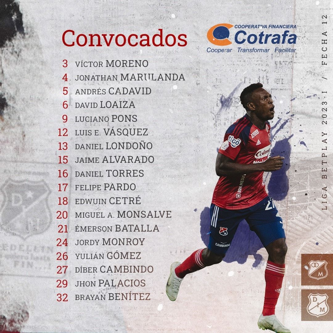 Convocados Medellín Fecha 12 Liga BetPlay 2023
