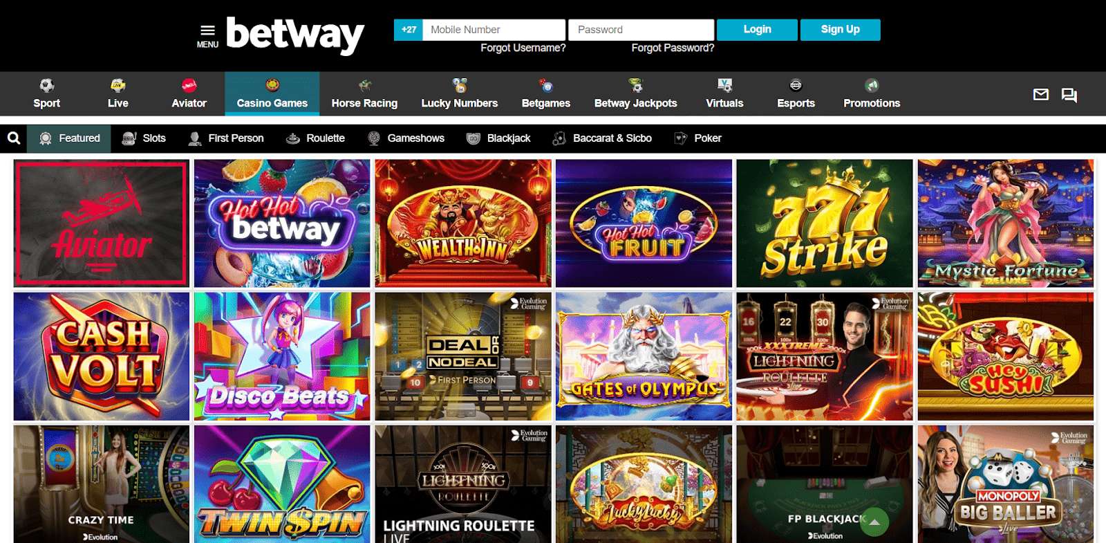 betway casino games page screenshot