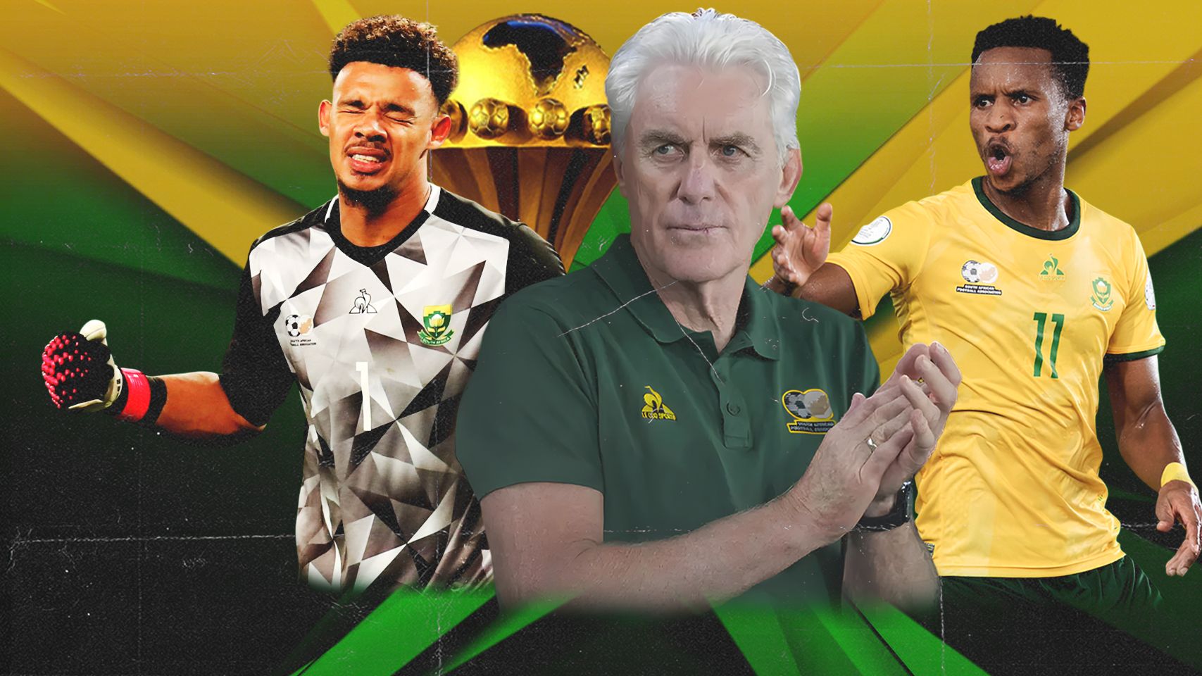 Hugo Broos, Ronwen Williams and Themba Zwane of Bafana Bafana