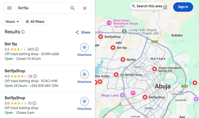 Bet9ja Shop Google Maps